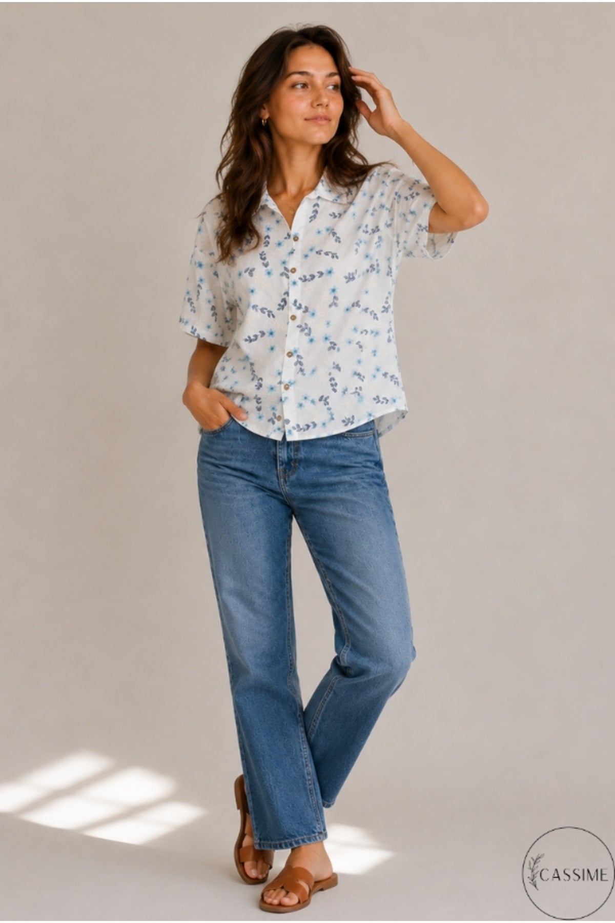 Women's oversized blue floral embroidered button-up shirt - view 4