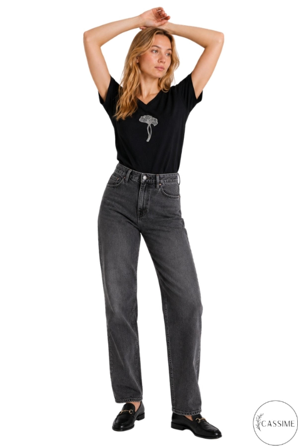 Emma Women's Embellished T-Shirt - Black with Floral Rhinestones
