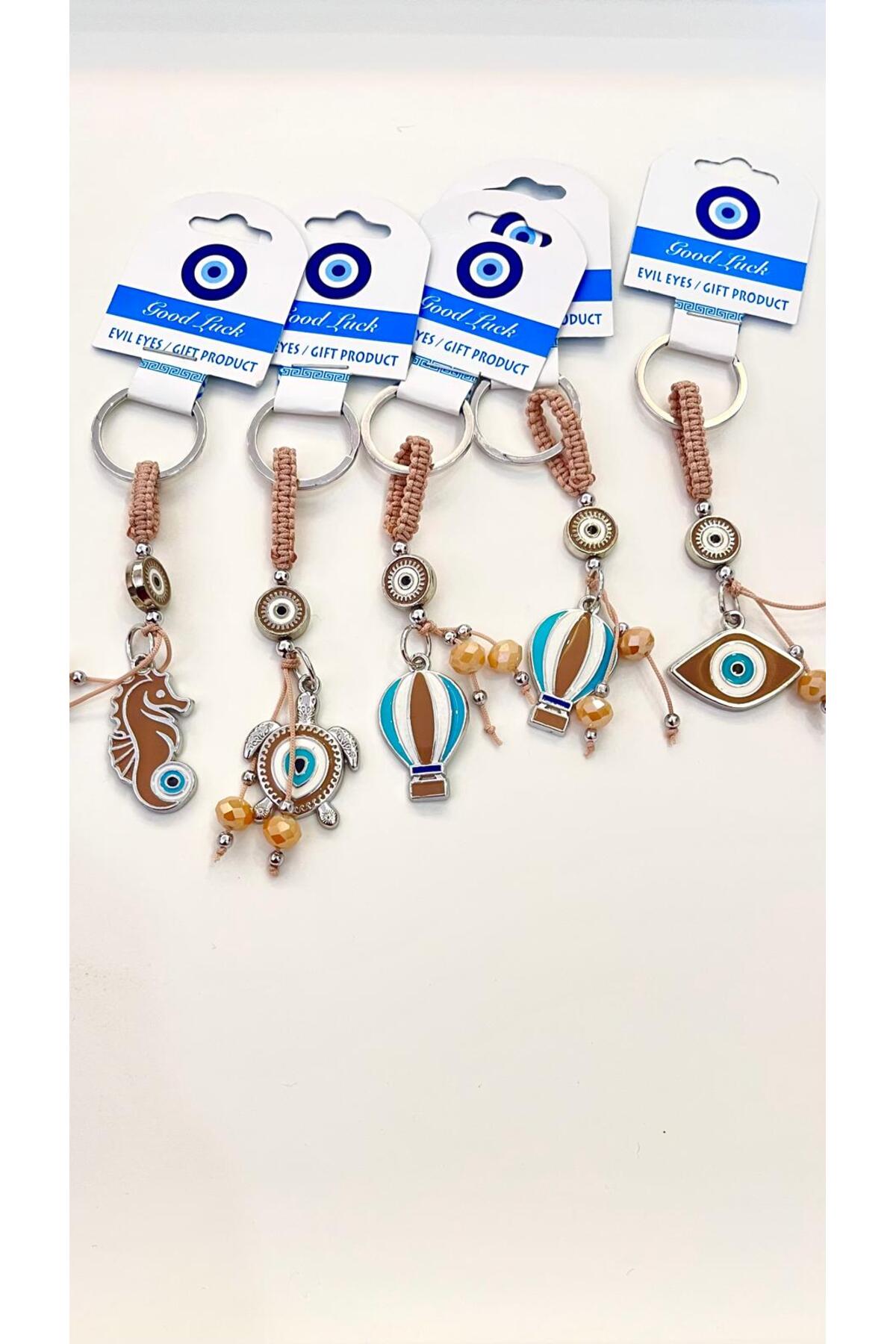 Abigail Silver-Plated Evil Eye Keychain - Beige Oval Evil Eye Pattern