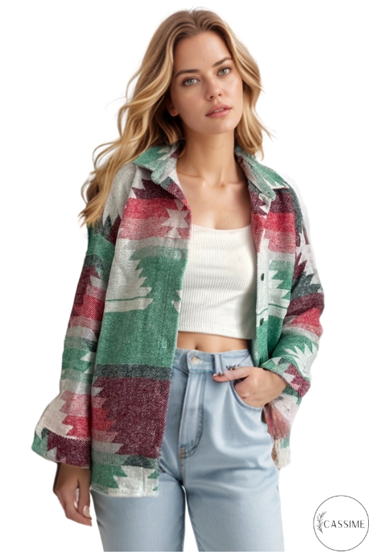 Ellen Women's Boho Print Button-Up Shacket - Green and Red Boho Print