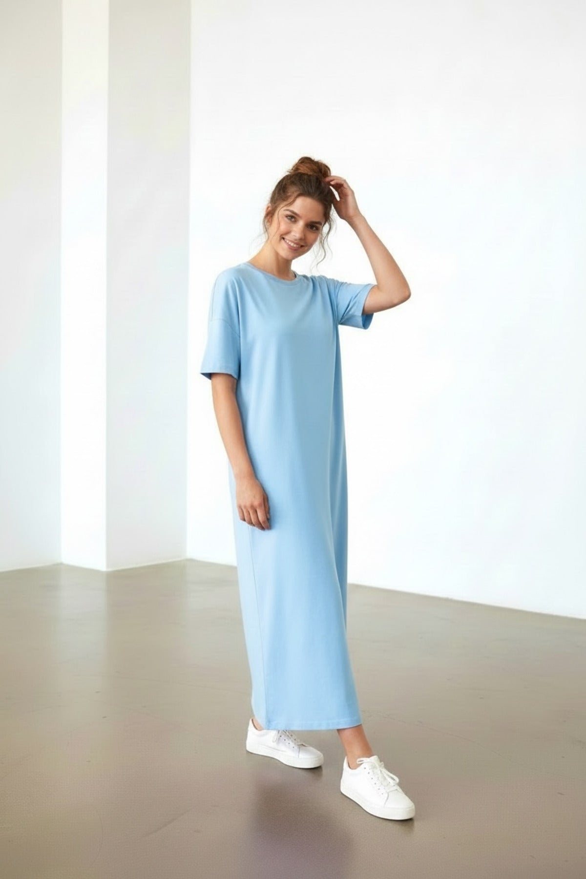 Lucille Women's Half Sleeve Knit Maxi Dress with Slit - Baby Blue