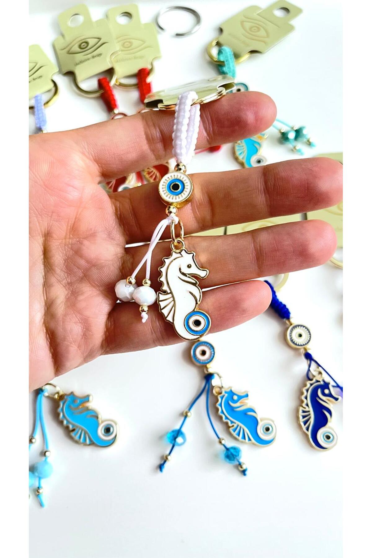 Ivy Gold-Plated Evil Eye Keychain - White Seahorse Design