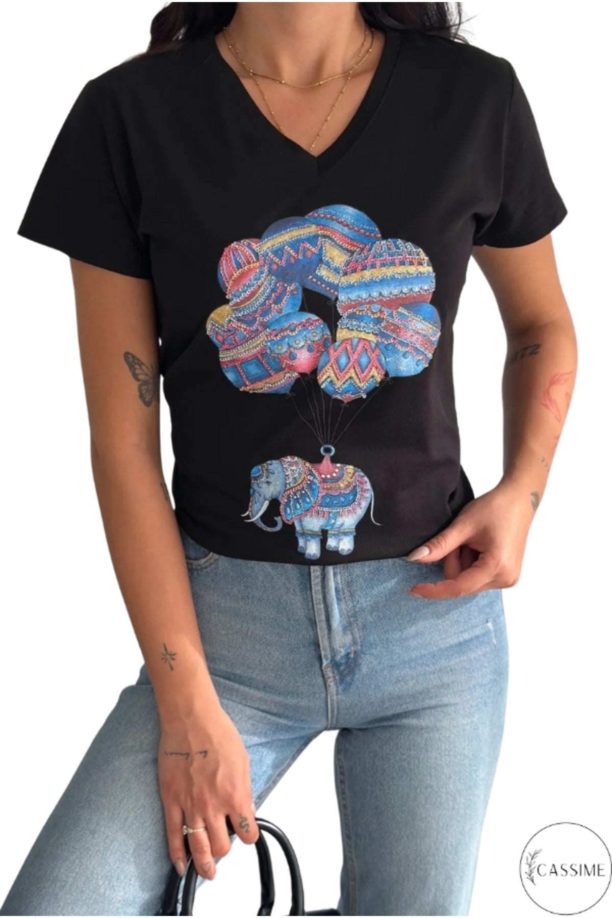 Olivia Women's Cotton Plus Size Embellished V-Neck T-Shirt - Black with Balloon Elephant Sequins