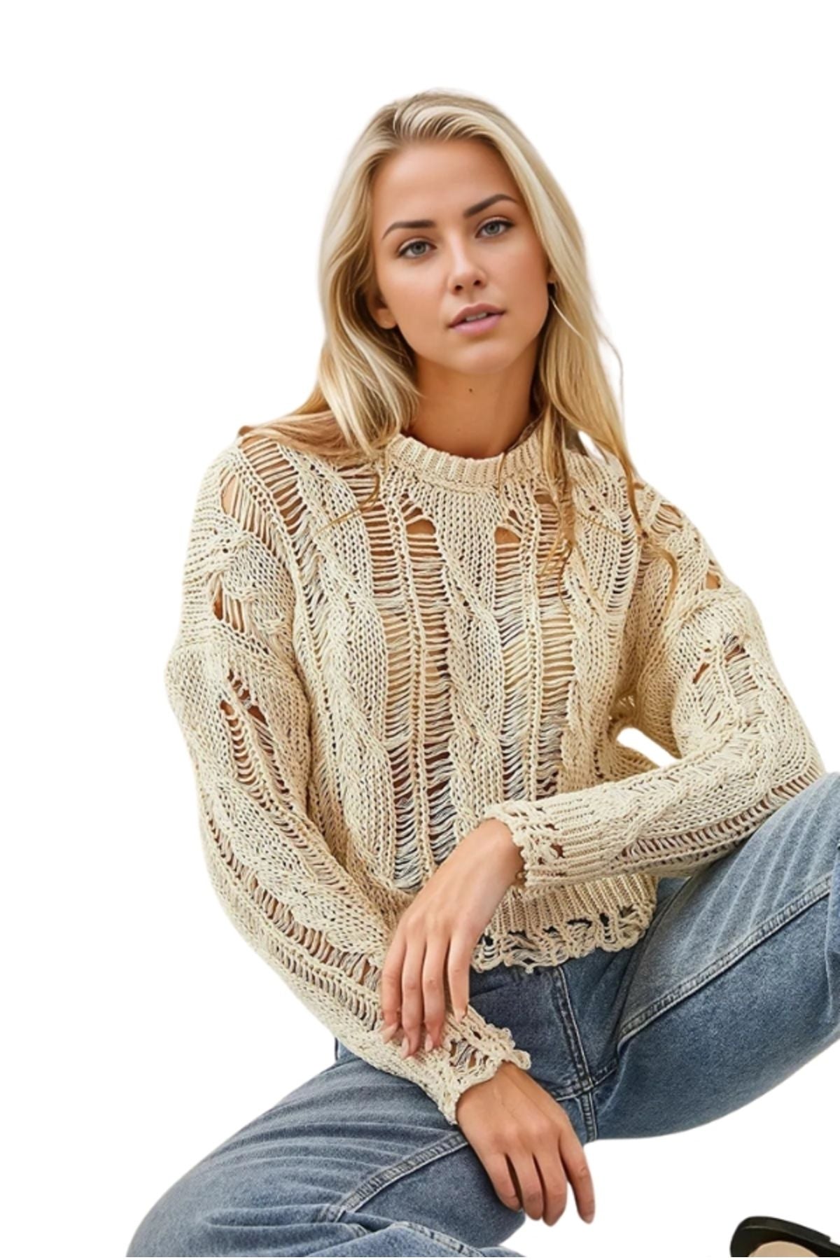 Celeste Women's Long Sleeve Openwork Knit Sweater - Beige