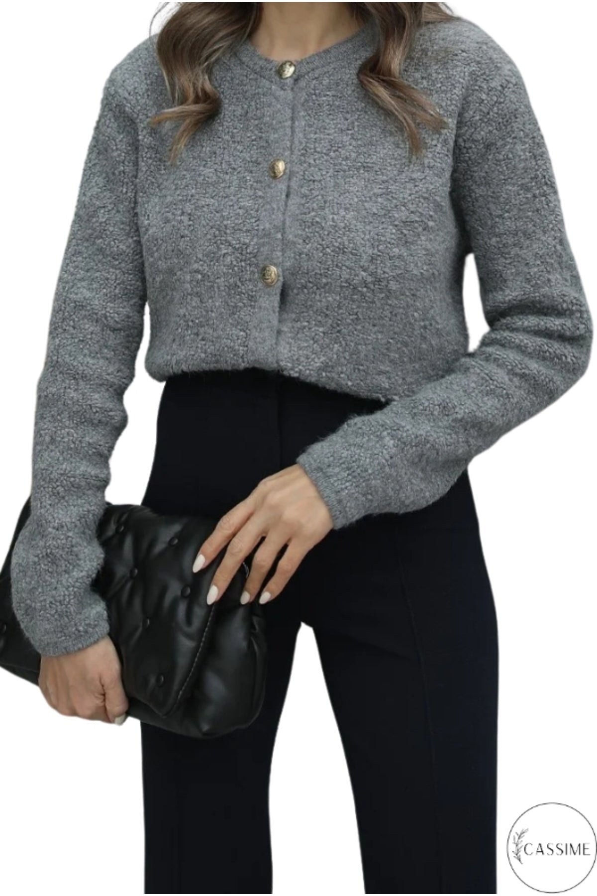 Kayla Women's Gold-Tone Button Teddy Cardigan - Gray
