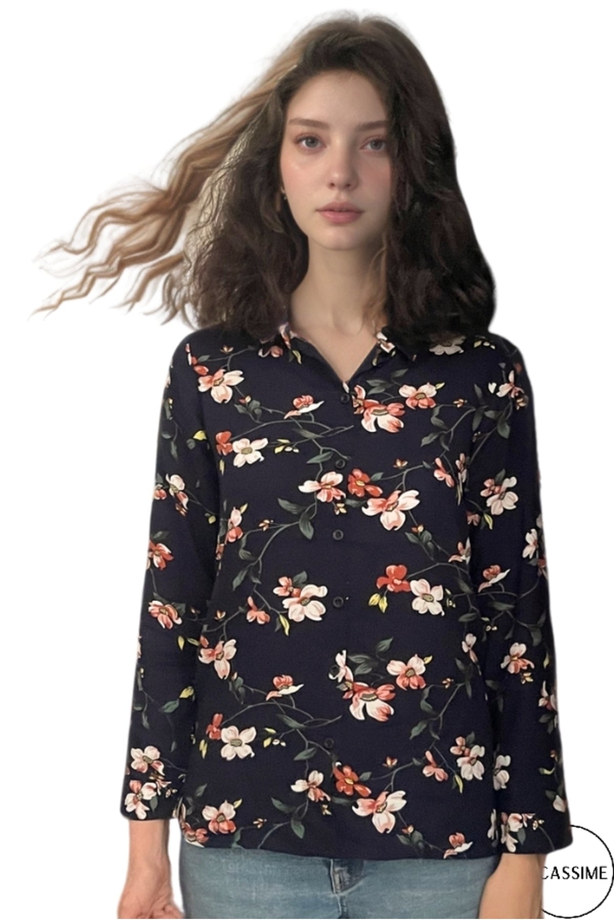 Amelia Women's Long Sleeve Button-Up Shirt - Navy Multicolor Floral