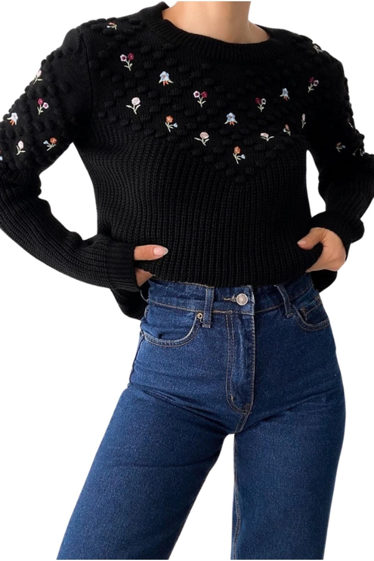 Allison Women's Floral Embroidered Knit Sweater - Black