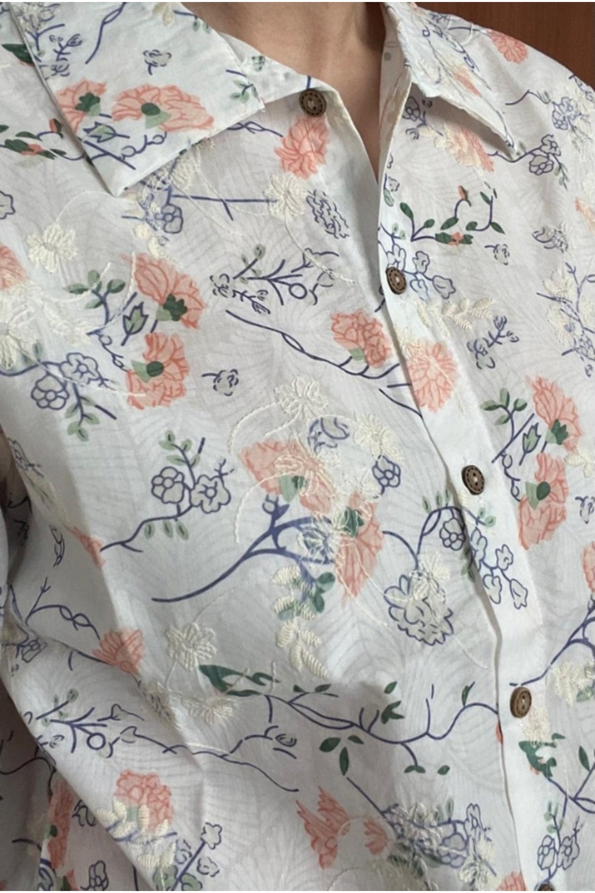 Alice Women's Cotton Floral Short Sleeve Shirt - Peach Floral Embroidery