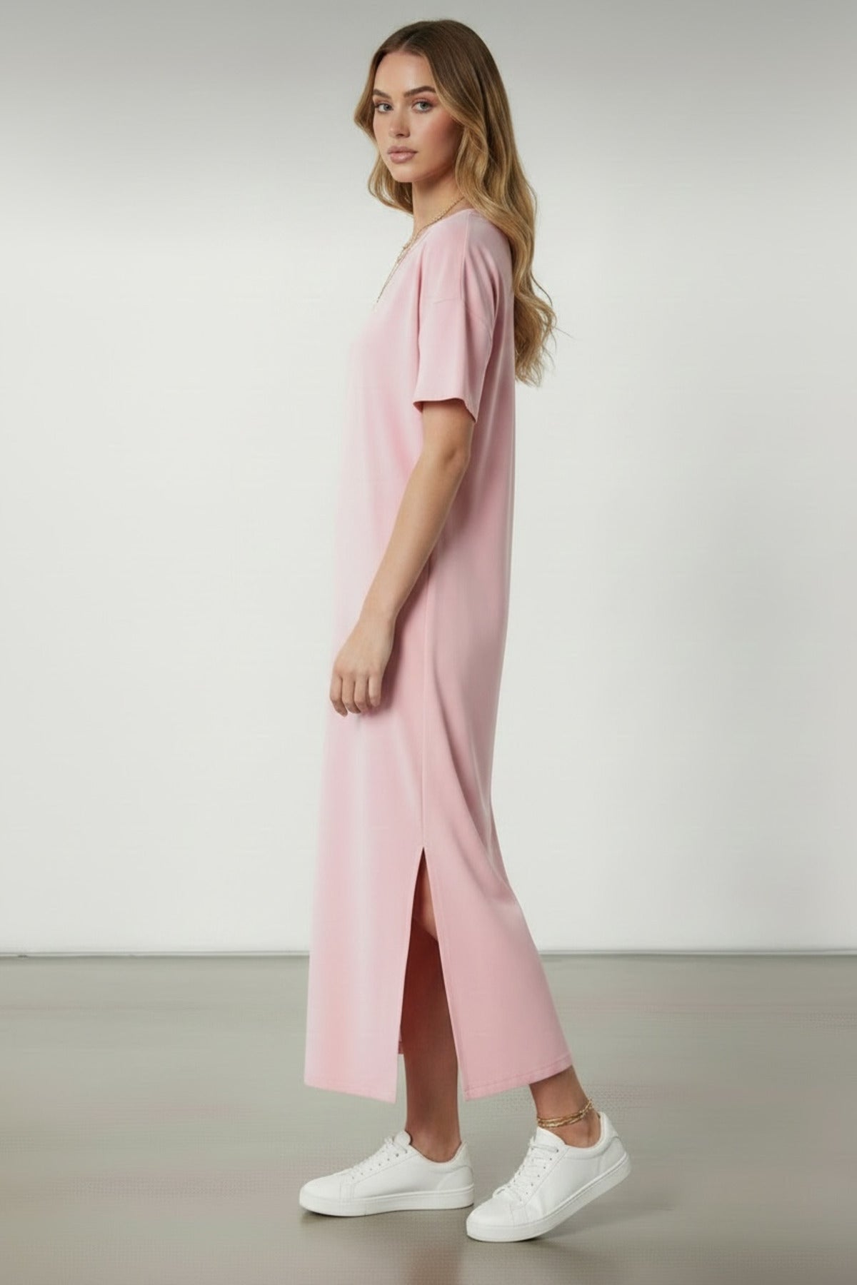 Lucille Women's Half Sleeve Knit Maxi Dress with Slit - Pink