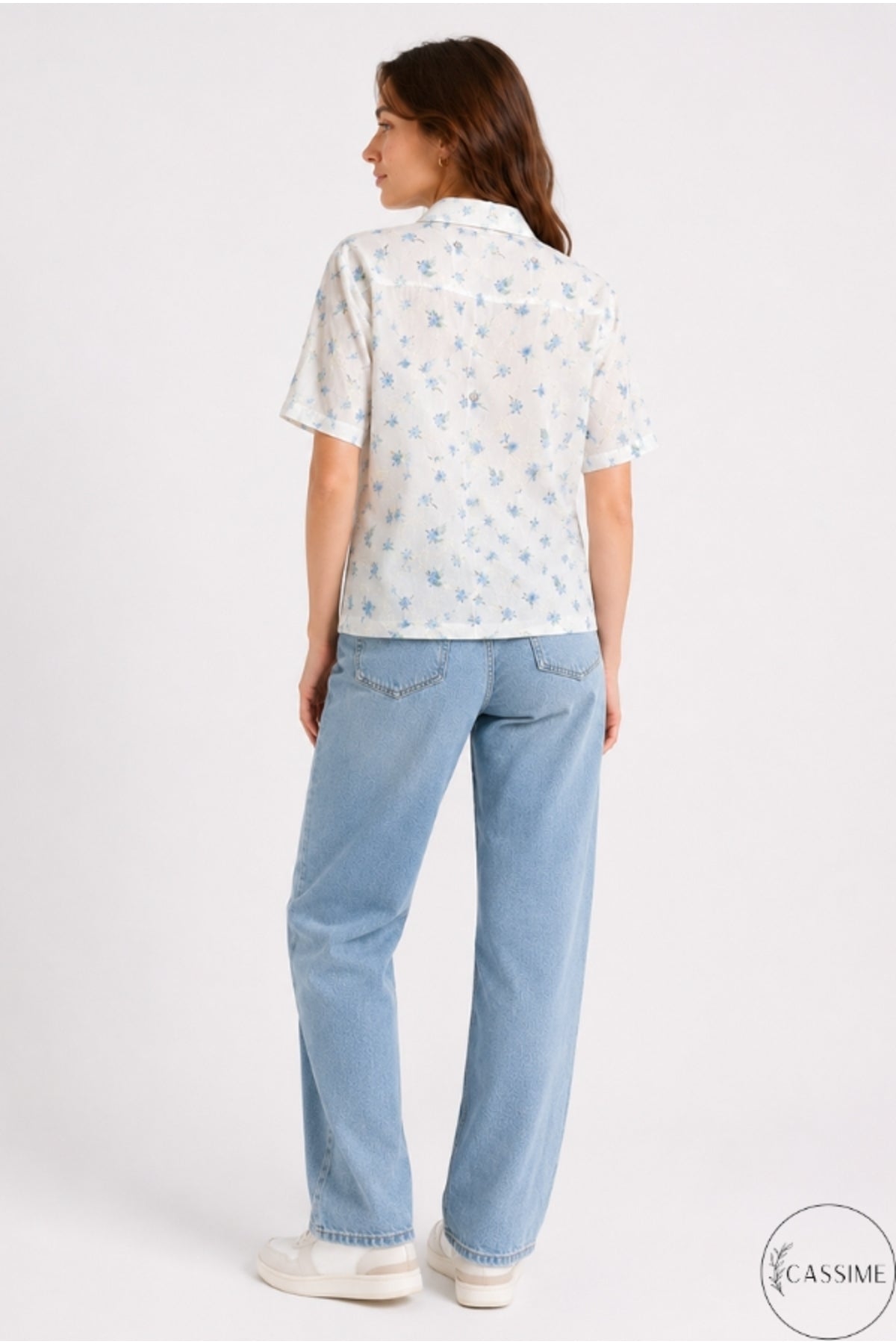 Women's Blue Mini Floral Cotton Short Sleeve Shirt - product photo 7