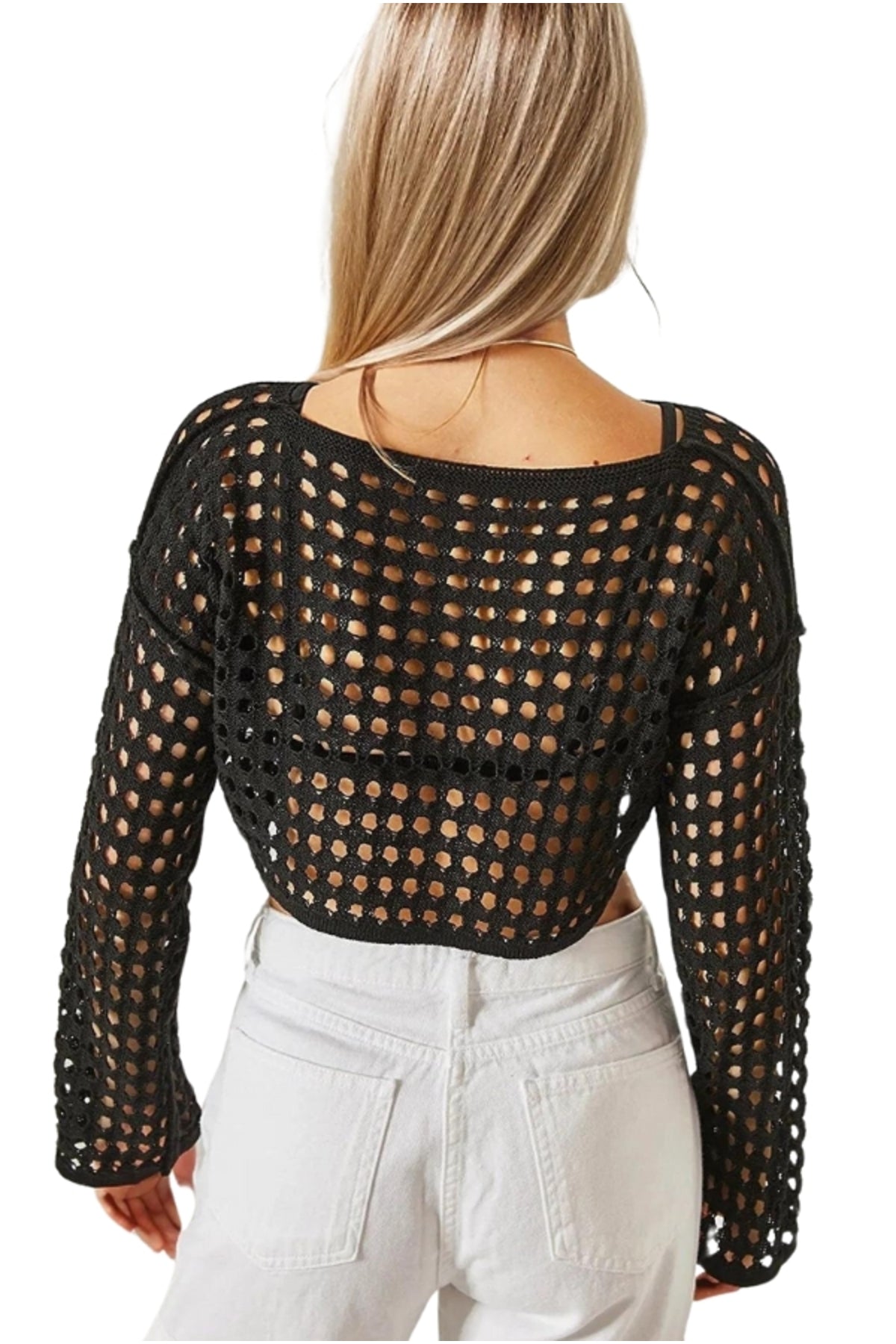 Gwendolyn Women's Long Sleeve Openwork Cropped Sweater - Black