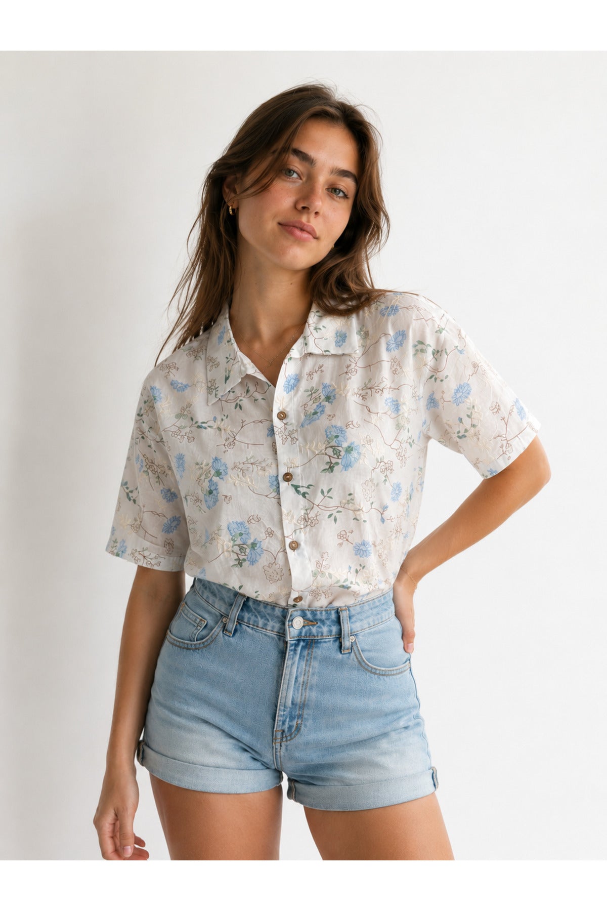 Women's blue lotus floral embroidered short sleeve shirt - view 7