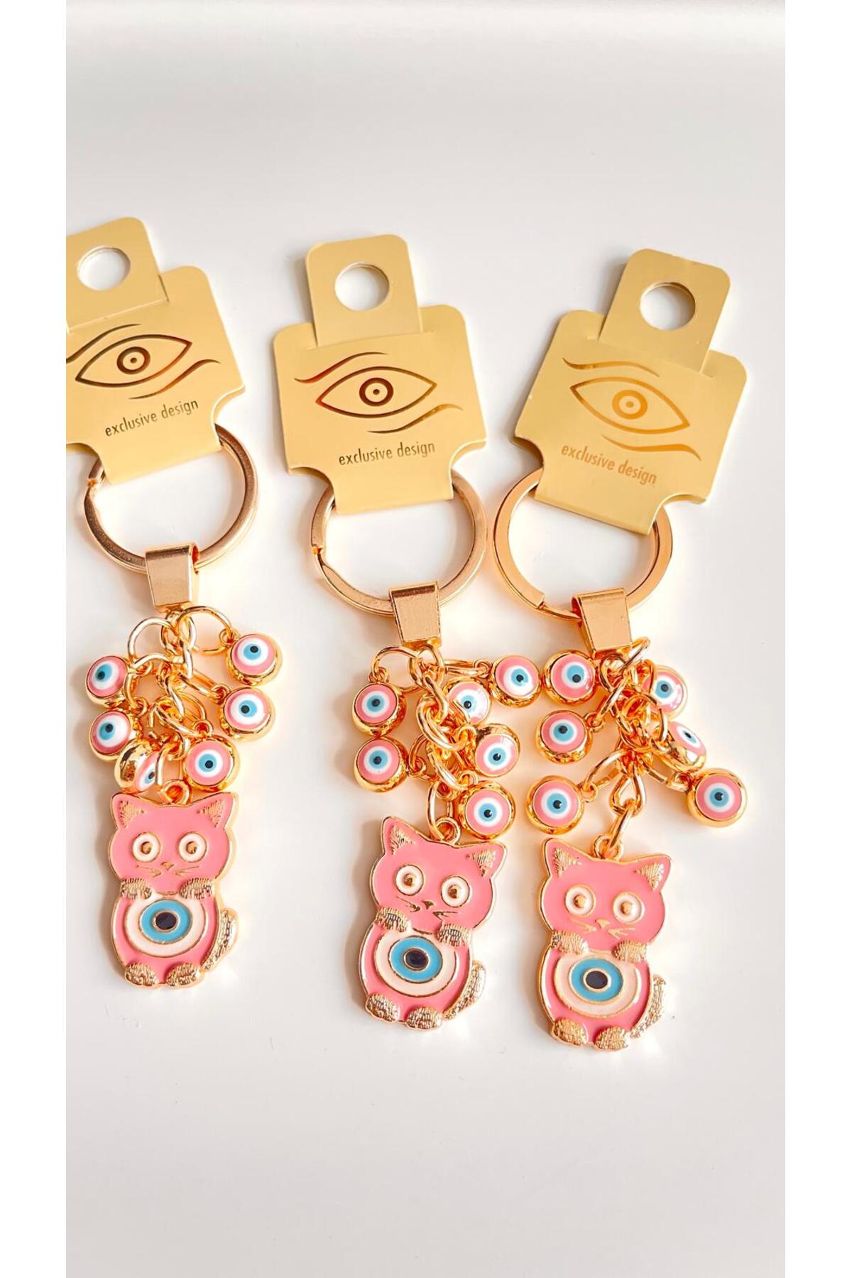 Madeleine Dangling Evil Eye Keychain - Pink Cat Evil Eye