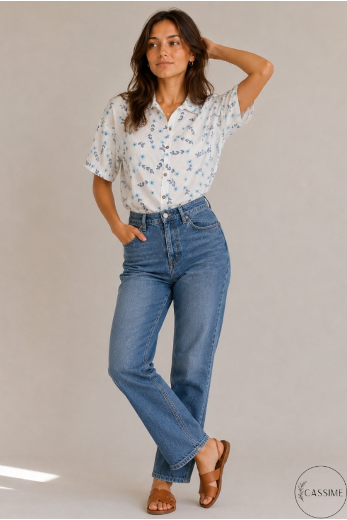 Women's Green & Blue Floral Embroidered Oversized Cotton Shirt - product photo 5