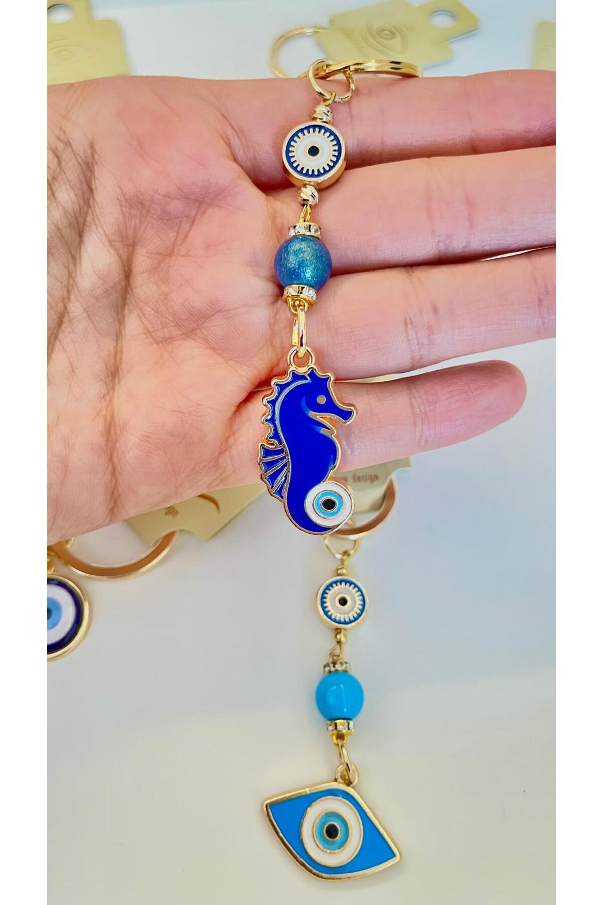 Hannah Gold-Plated Bodrum Bead Keychain - Navy Seahorse