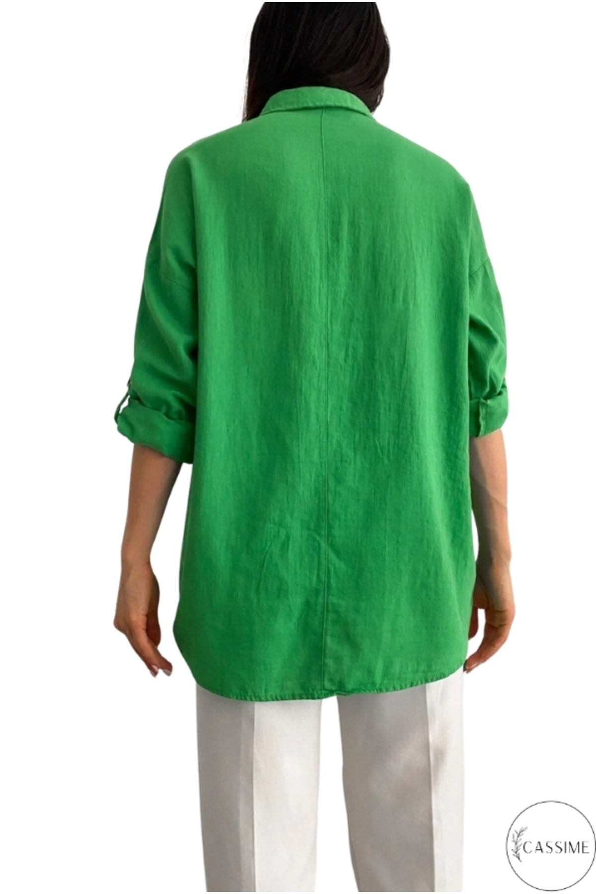Jasmine Women's Cotton-Linen Blend Oversized Longline Button-Up Shirt - Green