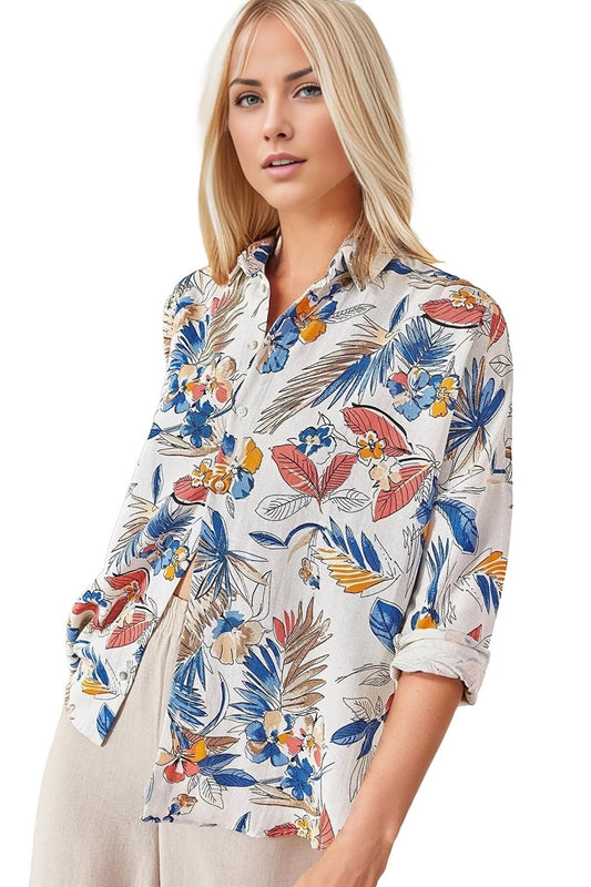 Emilia Women's Linen Blend Oversized Printed Shirt - Light Blue and Orange Print