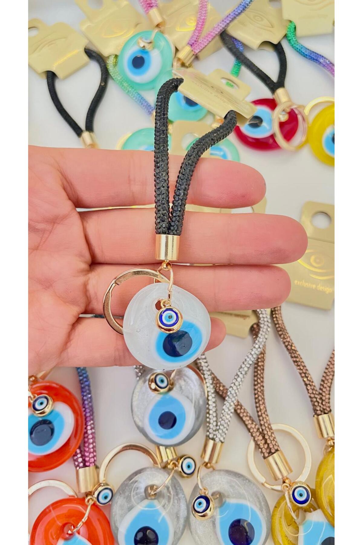 Meredith Glass Evil Eye Cord Charm - White Glass Black Cord