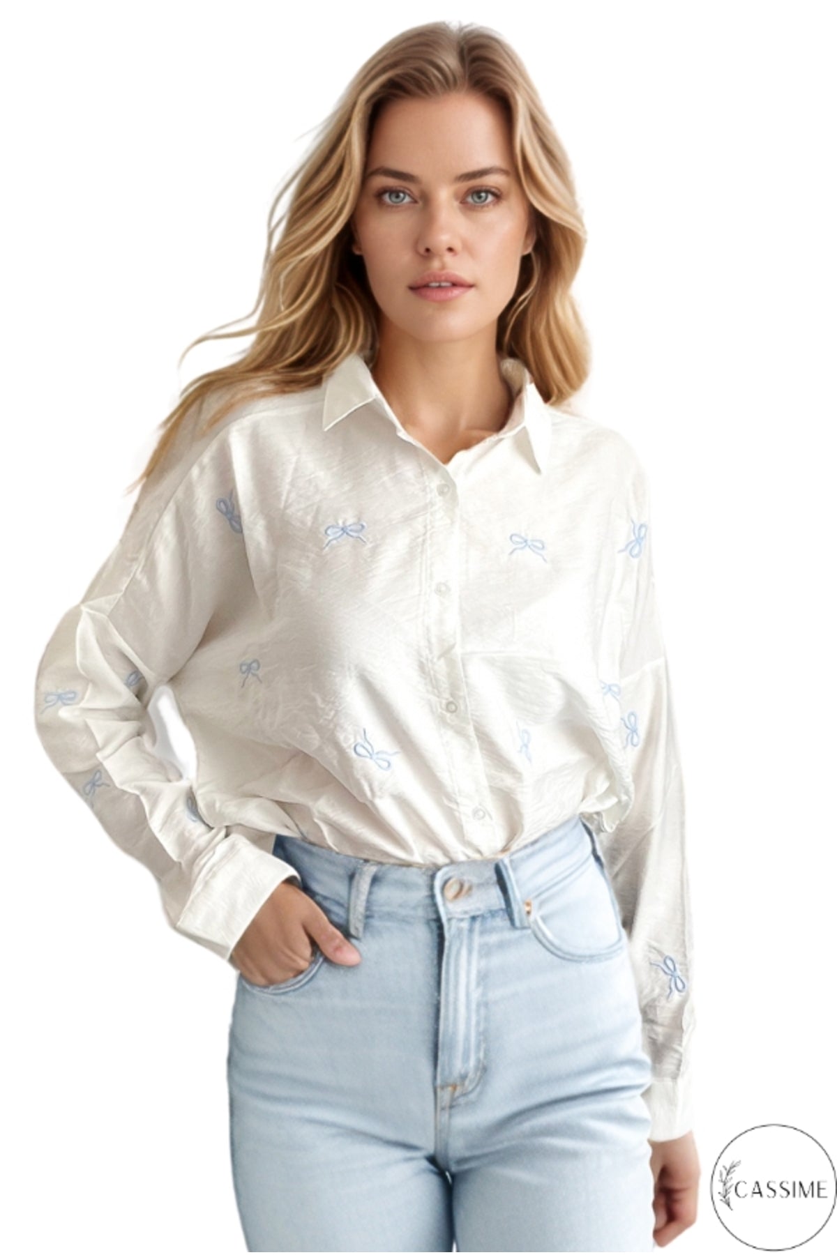 Delilah Women's Cotton Oversized Embellished Long Sleeve Shirt - White with Blue Ribbon Detail
