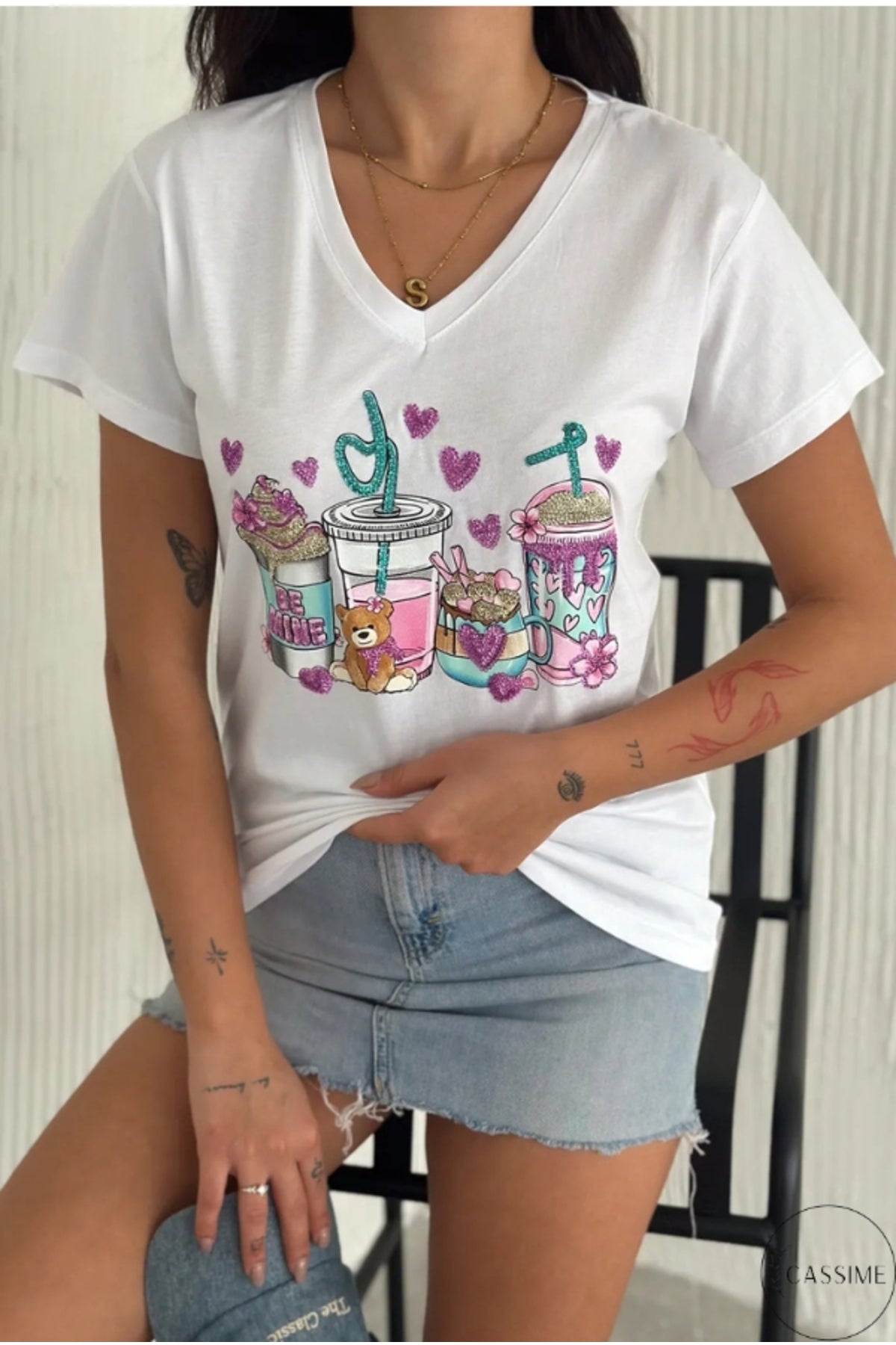 Olivia Women's Cotton Plus Size Embellished V-Neck T-Shirt - White Teddy Bear and Heart Print