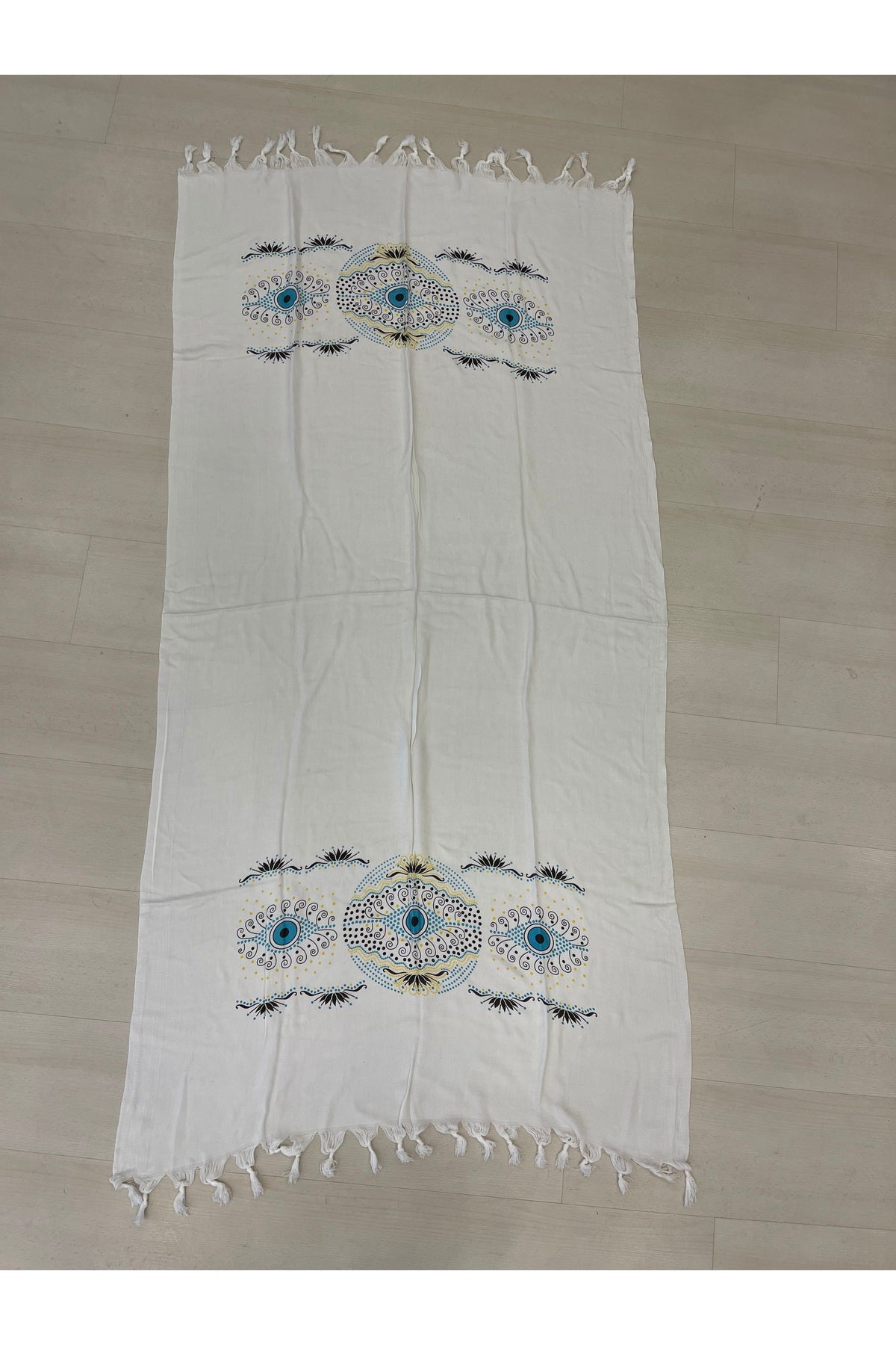 Mia Cotton Turkish Peshtemal Beach Towel - Blue and Turquoise Evil Eye Print