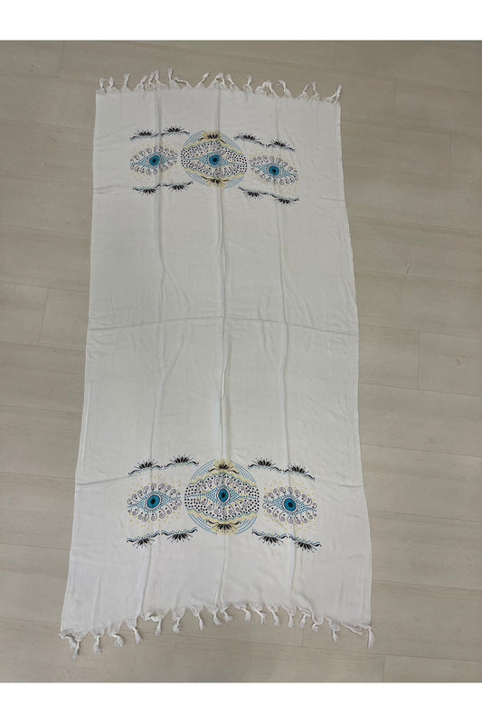 Mia Cotton Turkish Peshtemal Beach Towel - Blue and Turquoise Evil Eye Print