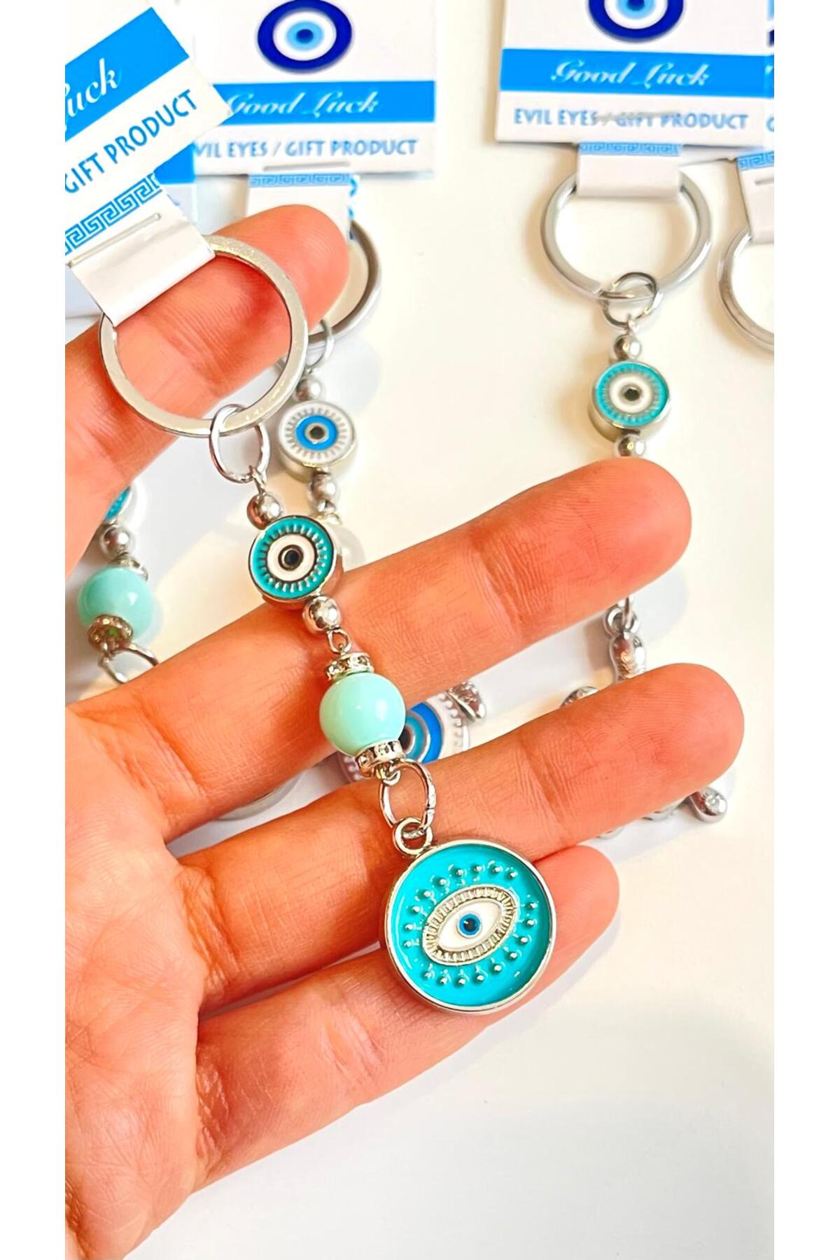 Abigail Silver-Plated Evil Eye Keychain - Round Turquoise Evil Eye Metal
