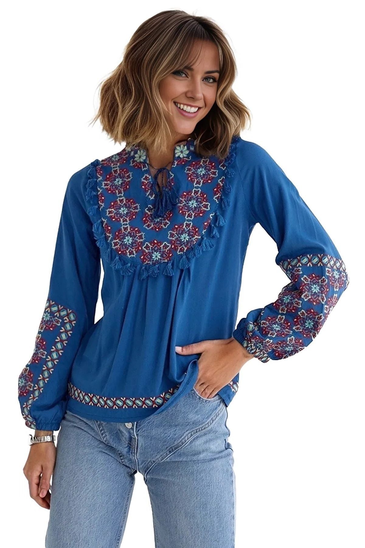 Arabella Women's Boho Embroidered Blouse - Blue