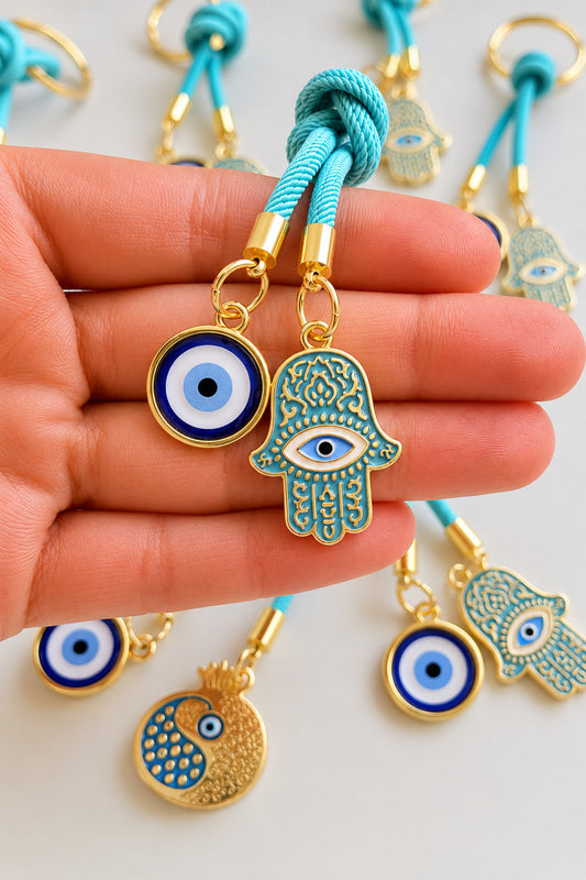 Rose Evil Eye Cord Keychain - Light Blue Hamsa Design