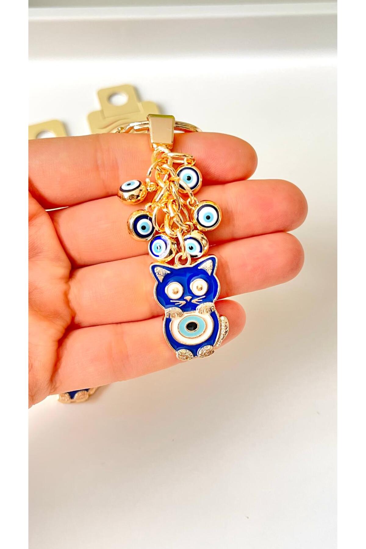 Madeleine Dangling Evil Eye Keychain - Navy Cat Design