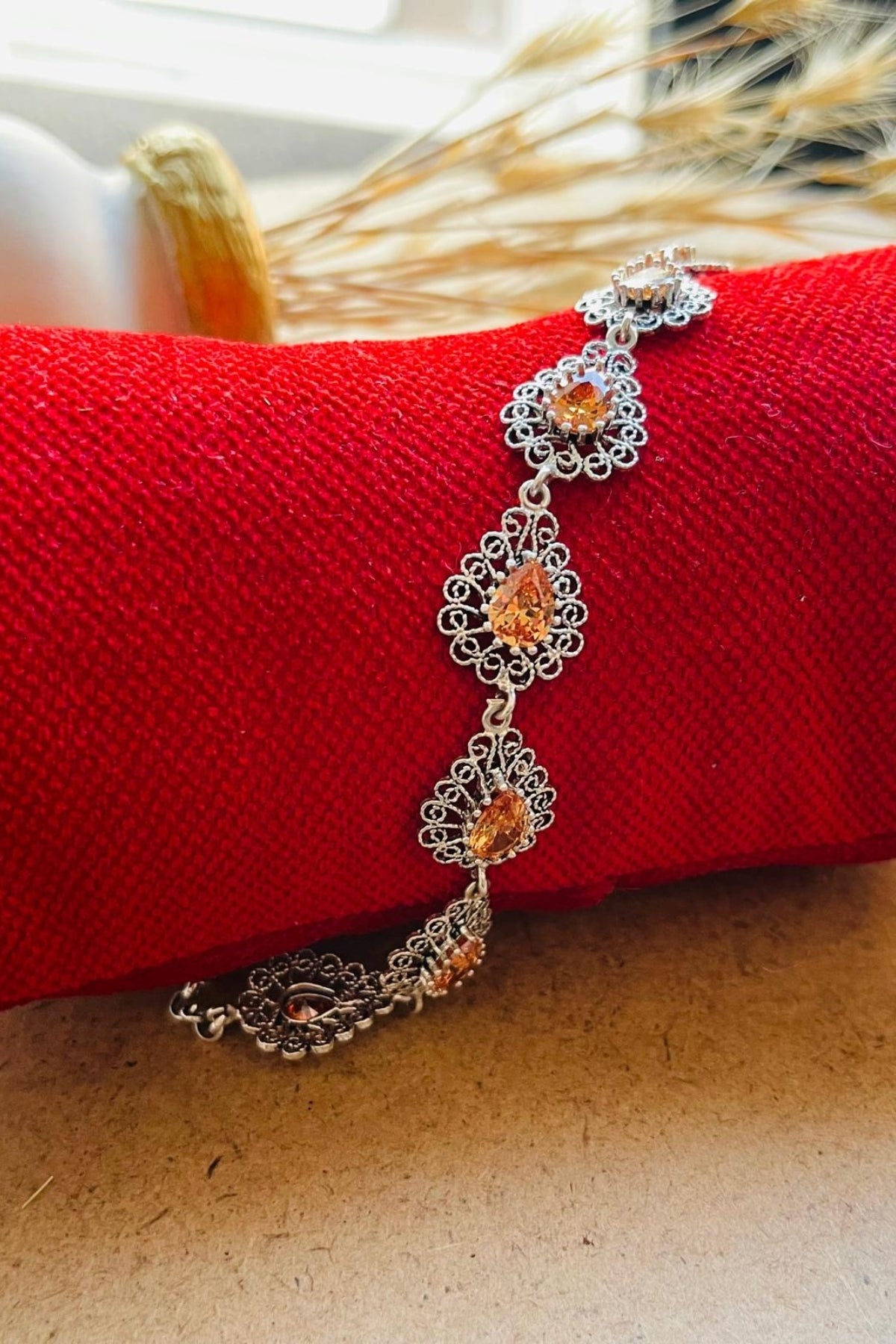 Brooke Seven-Stone Filigree Silver Bracelet - Yellow Rhinestone
