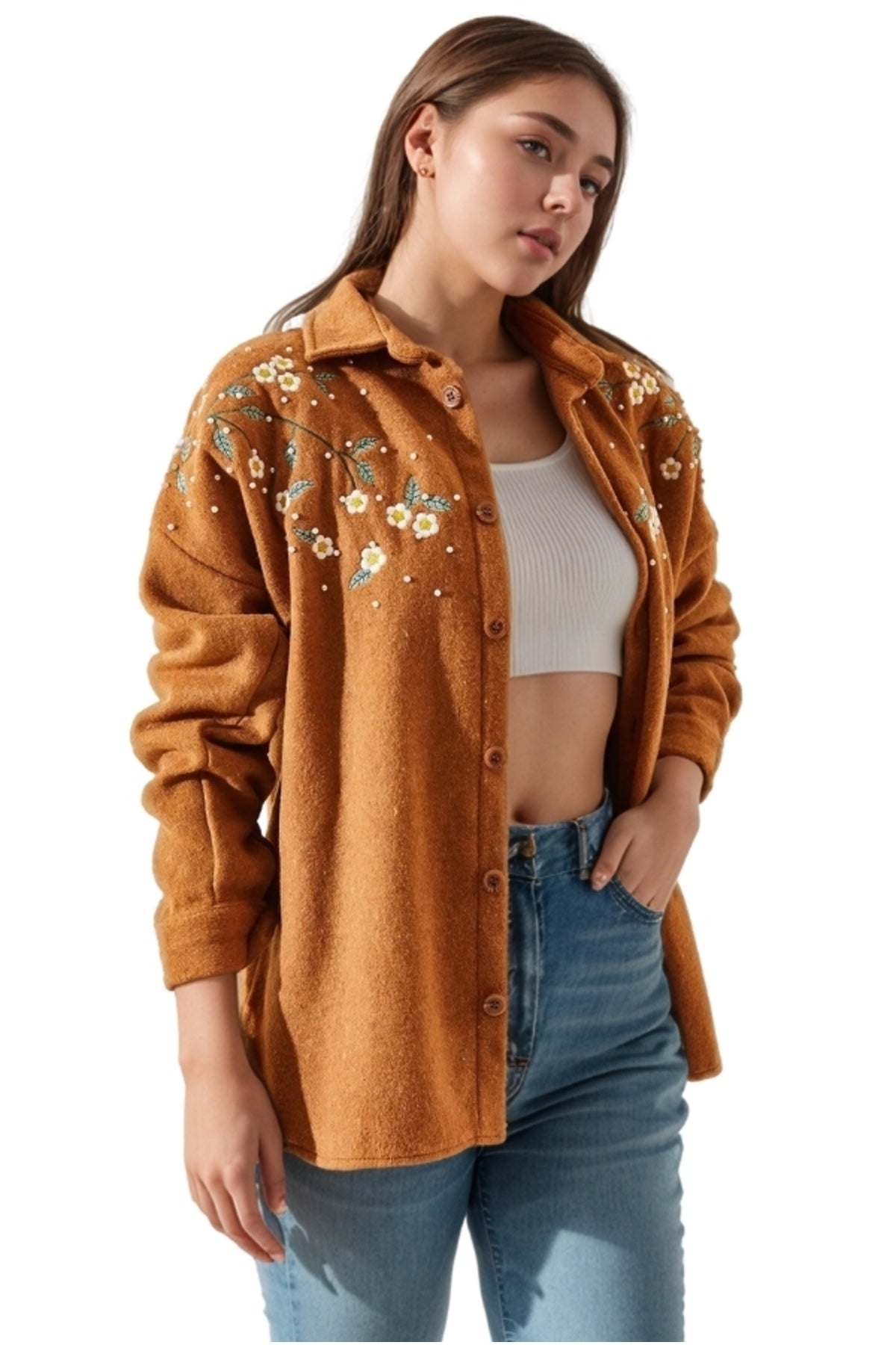 Lydia Women's Cotton Daisy Embroidered Shacket - Tan