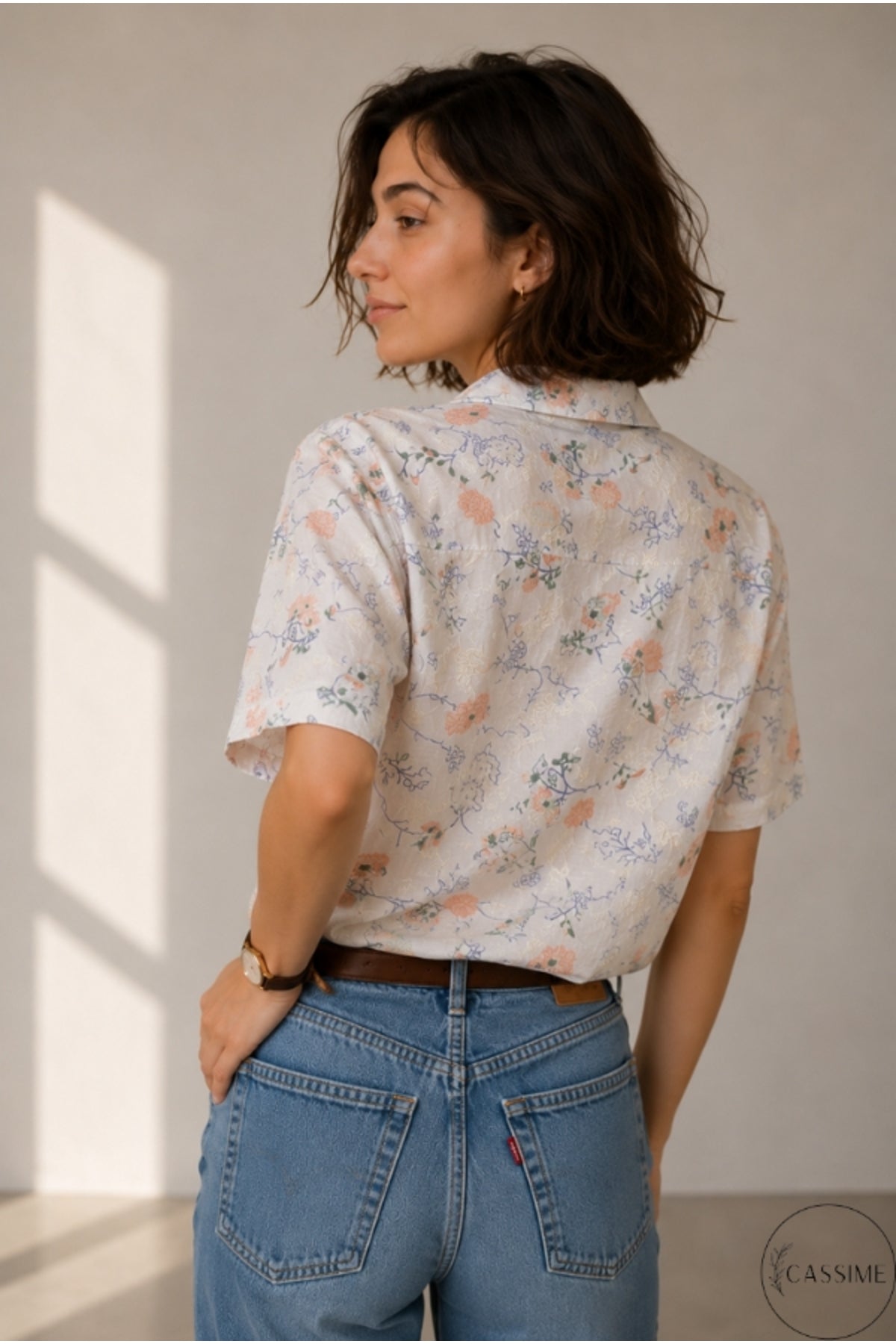 Alice Women's Cotton Floral Short Sleeve Shirt - Peach Floral Embroidery
