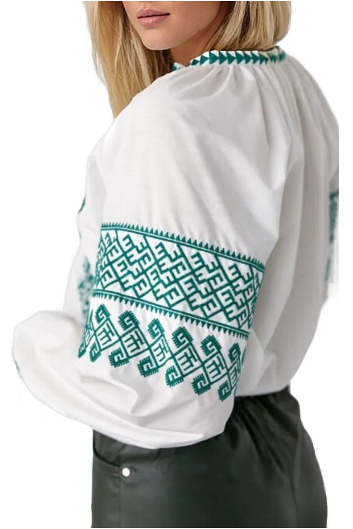 Zoe Women's Boho Embroidered Poplin Blouse - White with Green Embroidery