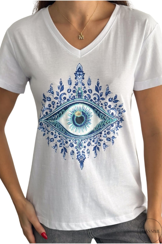 Olivia Women's Cotton Plus Size Embellished V-Neck T-Shirt - White with Blue Evil Eye Print