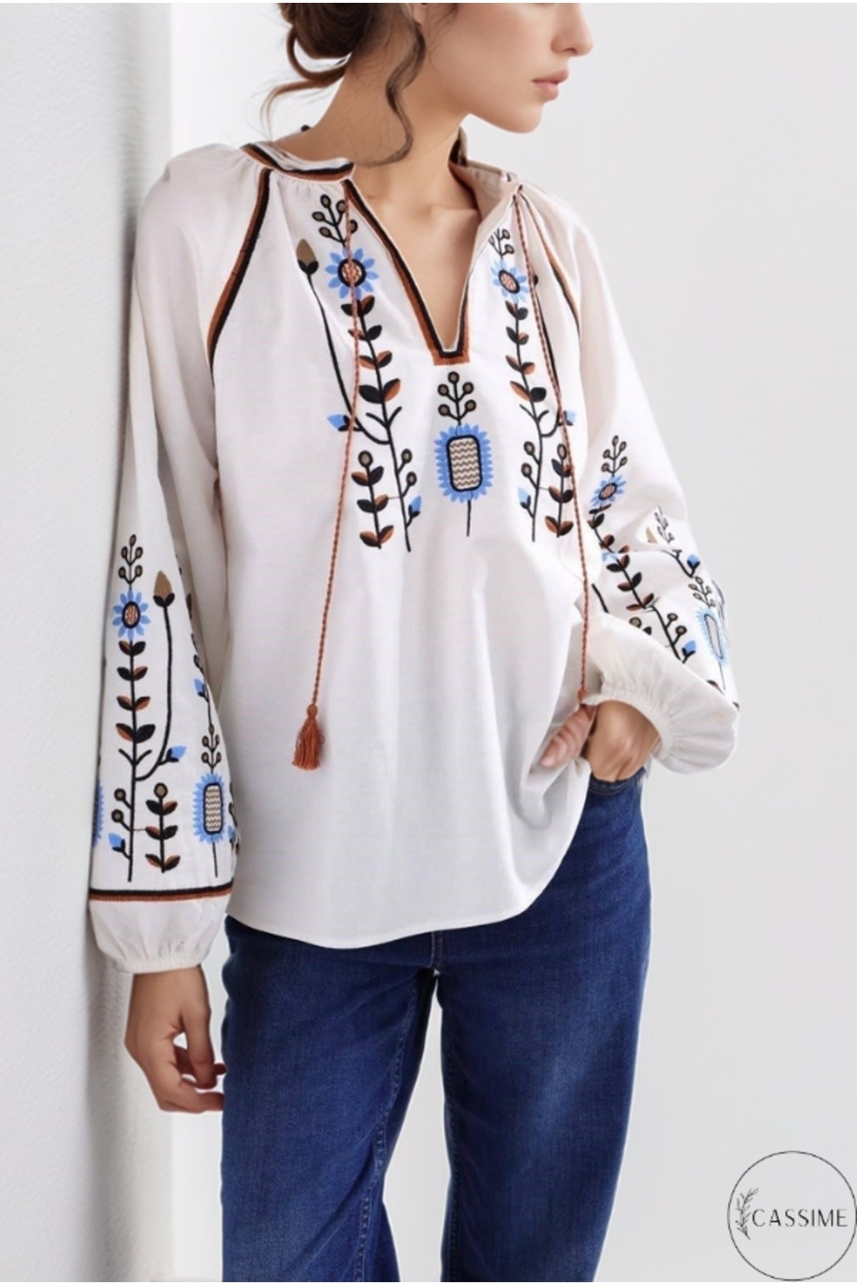 Frances Women's Cotton Embroidered Long Sleeve Blouse - White