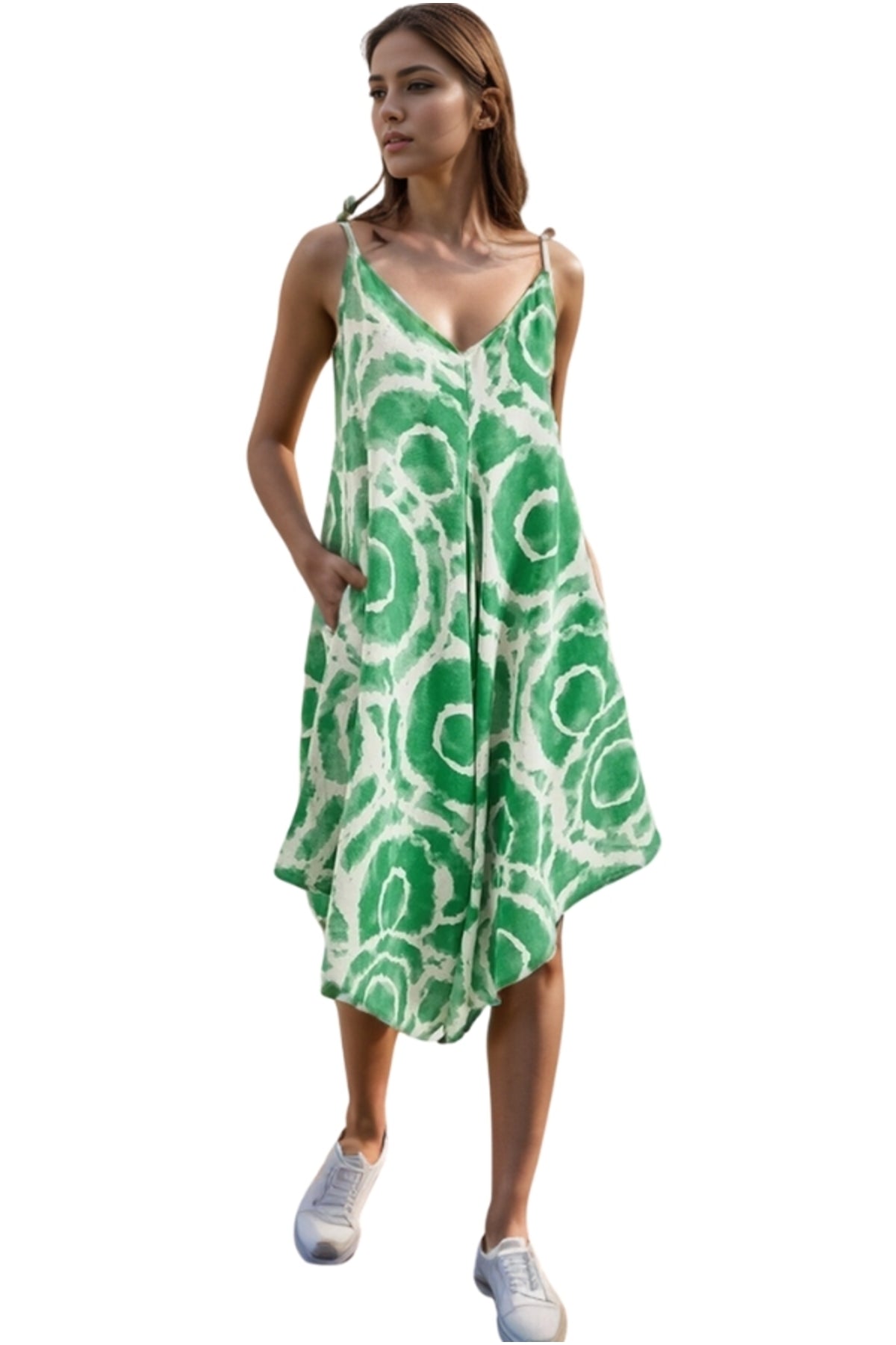 Eliza Women's Linen-Viscose Blend Relaxed Spaghetti Strap Jumpsuit - Green Geometric Print