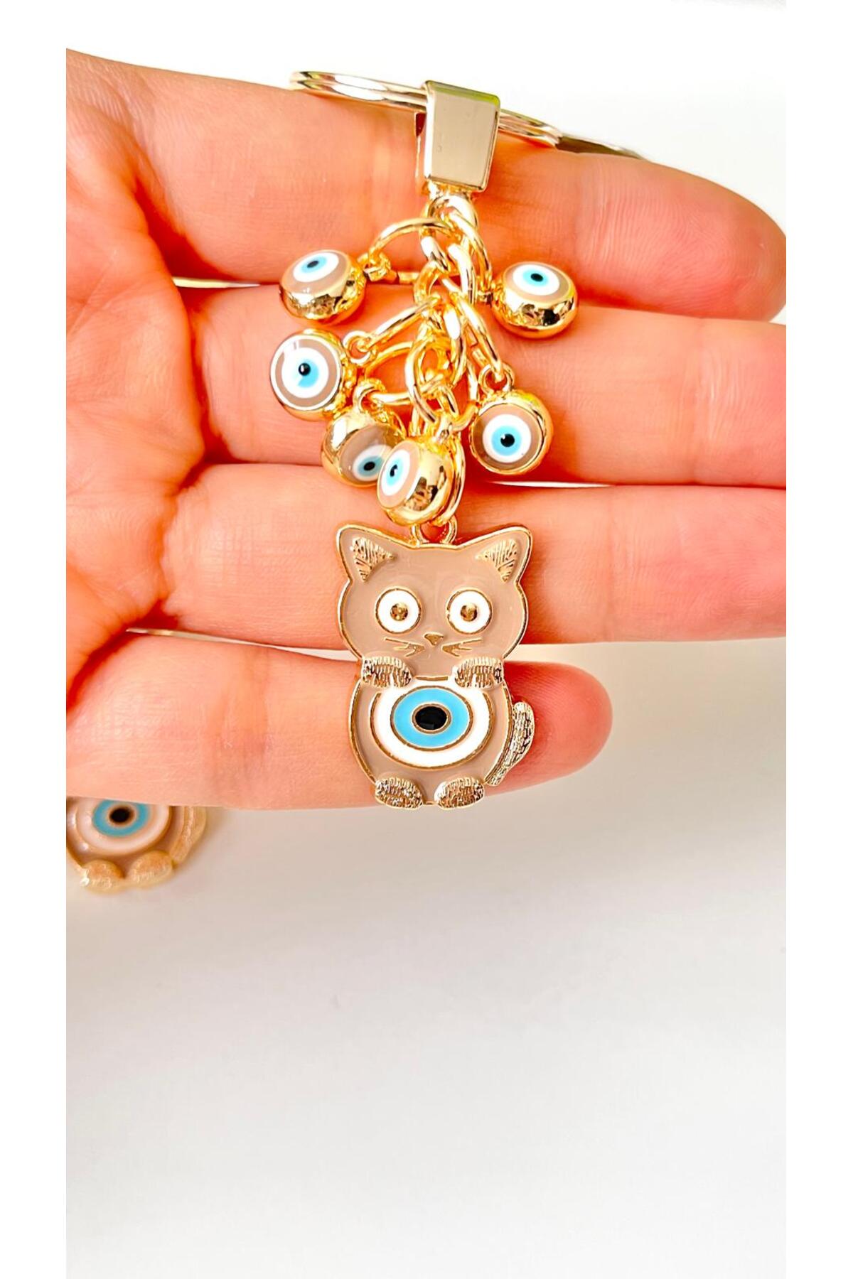 Madeleine Dangling Evil Eye Keychain - Beige Cat Design