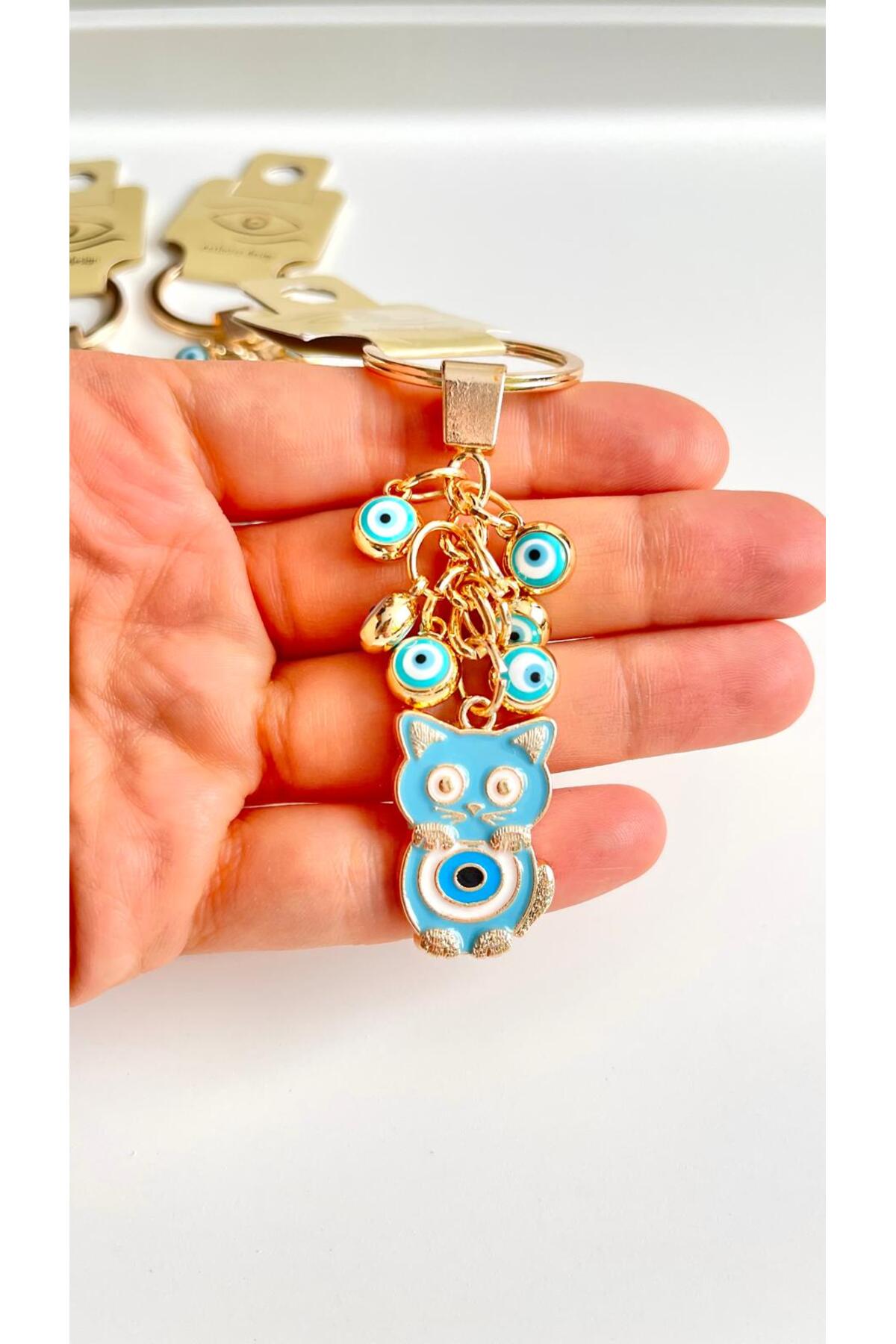 Madeleine Dangling Evil Eye Keychain - Light Blue Cat