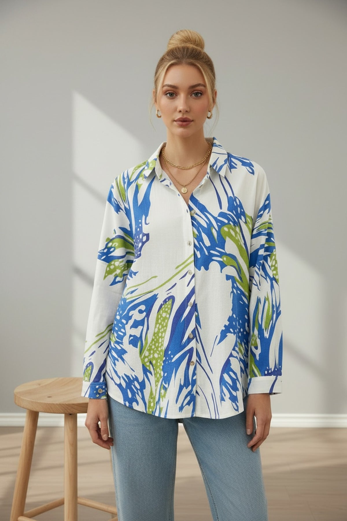 Emilia Women's Linen Blend Oversized Printed Shirt - White and Blue Green