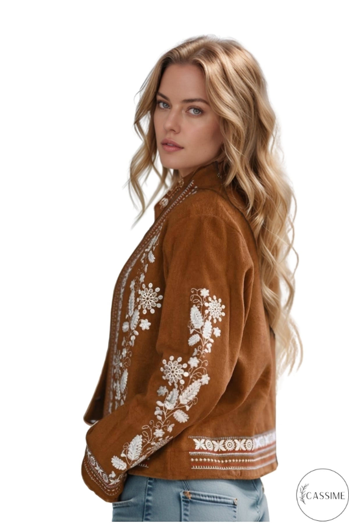 Caitlin Women's Floral Embroidered Boho Jacket - Camel