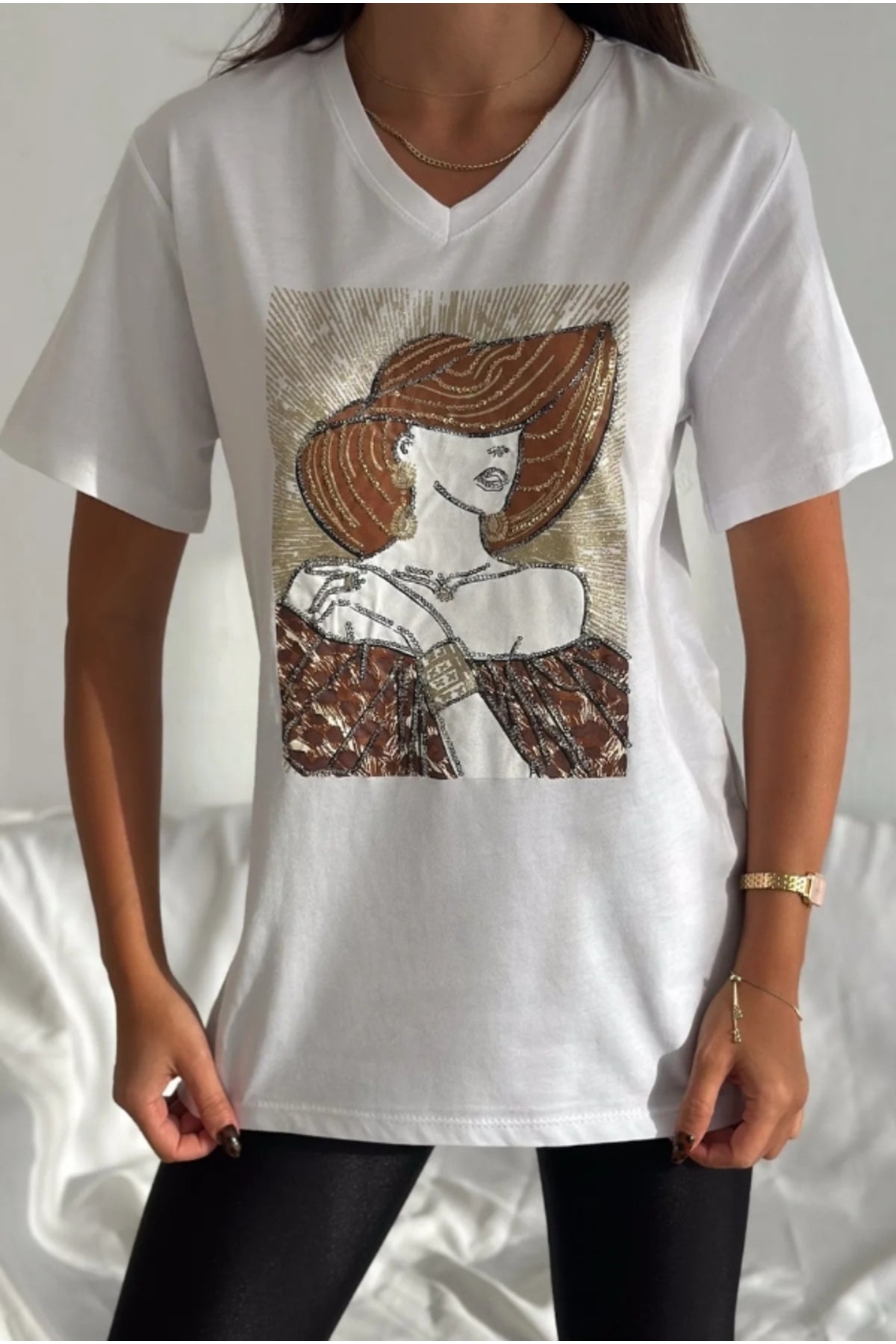 Olivia Women's Cotton Plus Size Embellished V-Neck T-Shirt - White with Woman in Hat Sequins