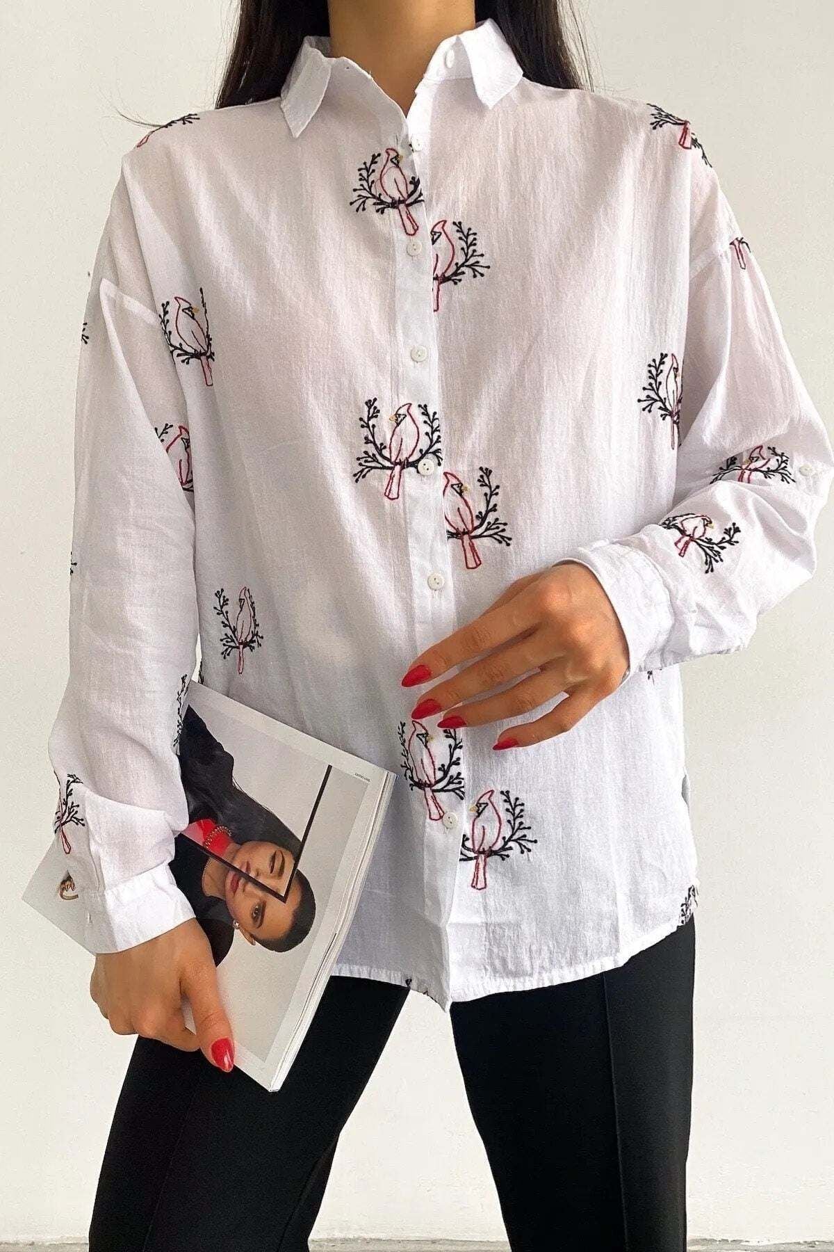 Camille Women's Cotton Bird Embroidered Shirt - Bird Embroidery