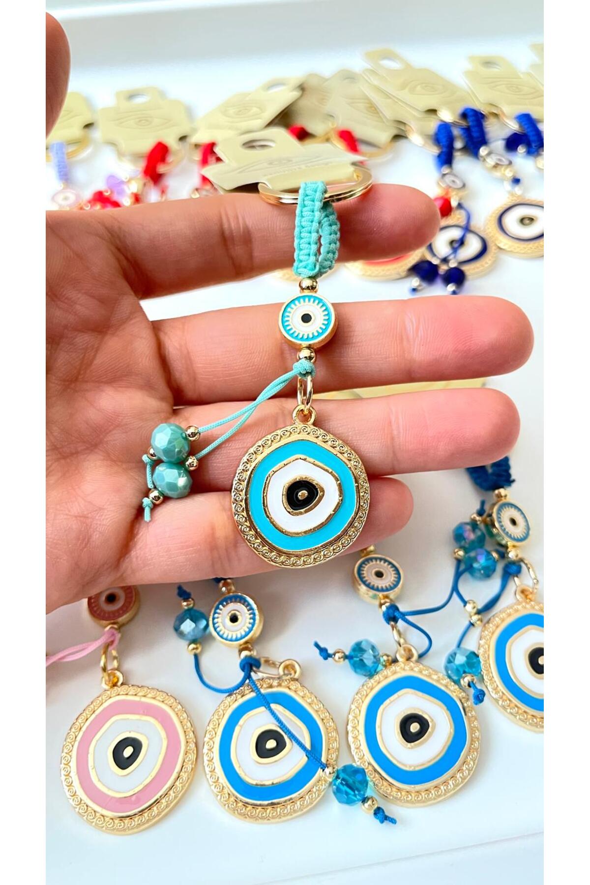 Brianna Gold-Plated Evil Eye Bead Keychain - Light Green Evil Eye