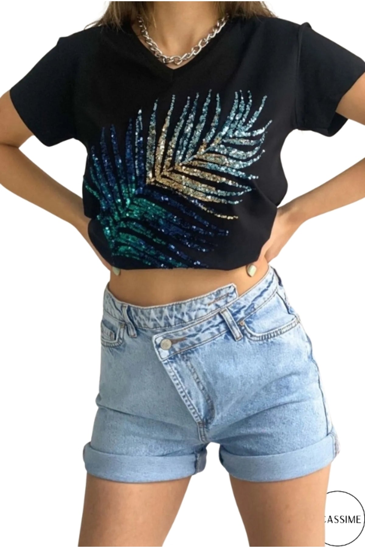 Sophie Women's Cotton Embellished V-Neck T-Shirt - Black Palm Tree Print