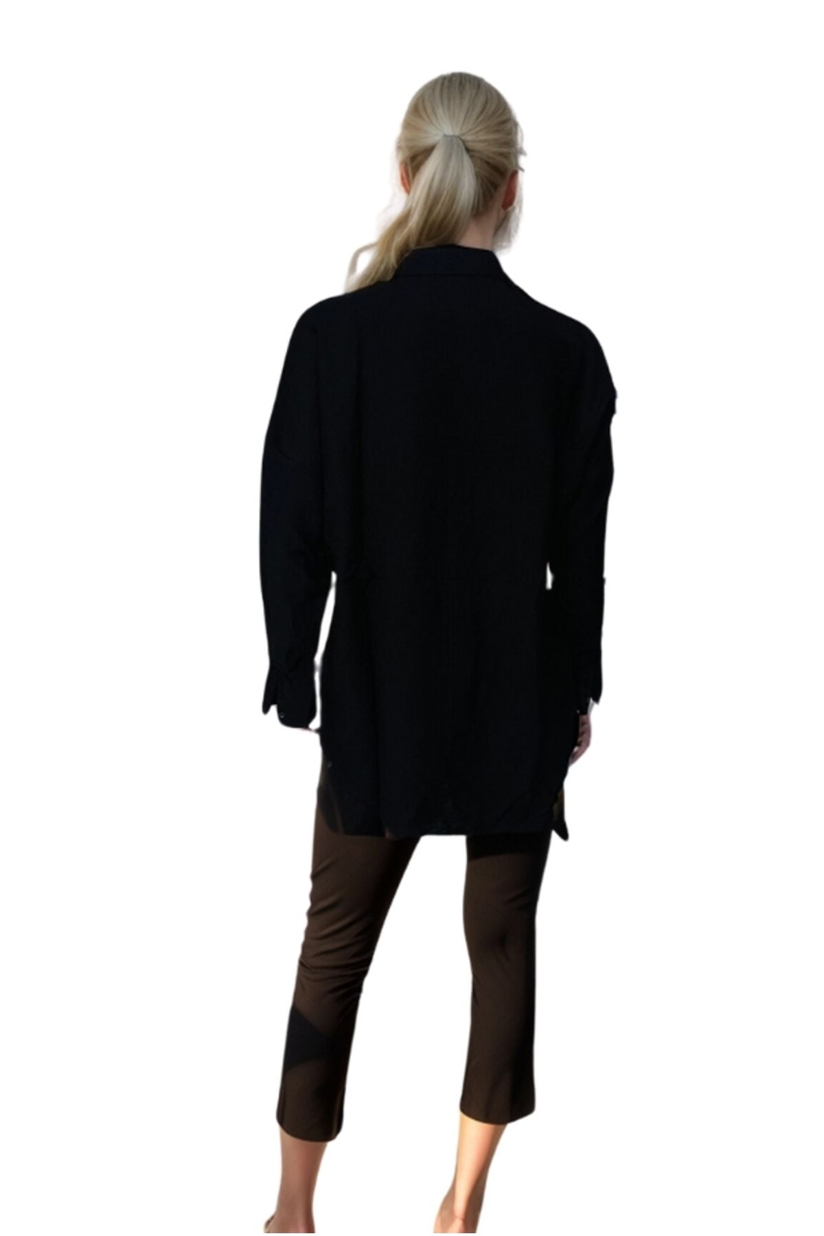 Delilah Women's Linen Oversized Embellished Long Sleeve Shirt - Black Leaf