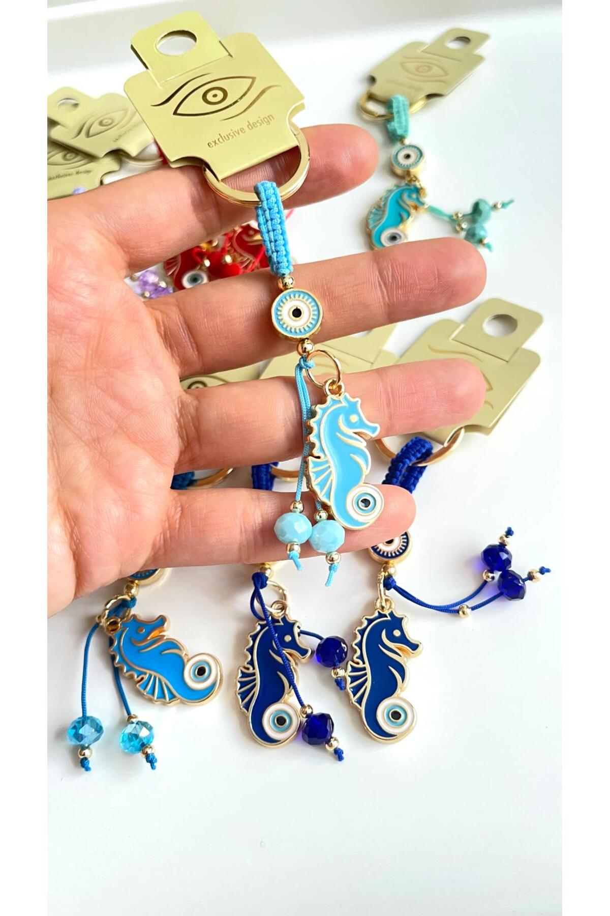 Ivy Gold-Plated Evil Eye Keychain - Light Blue Seahorse