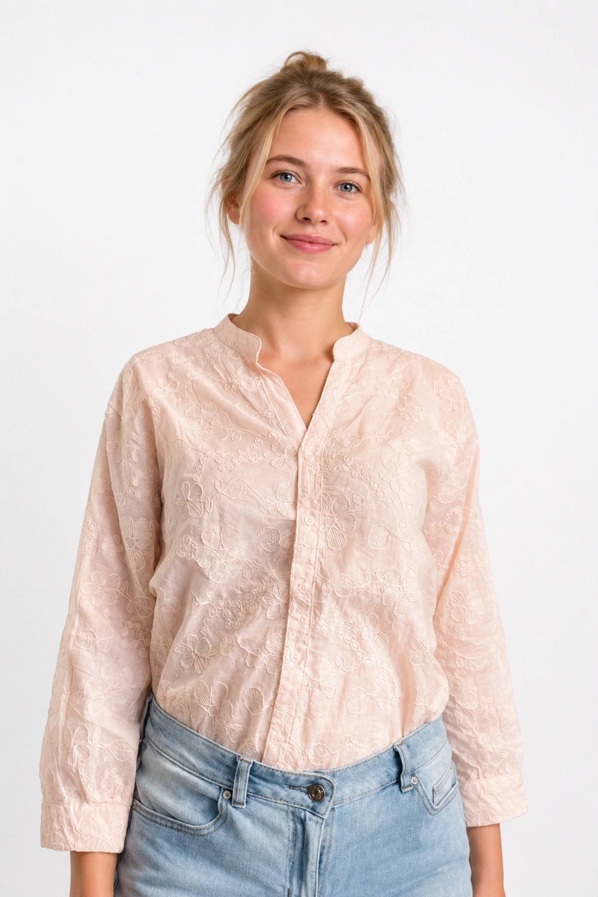 Isla Women's Cotton Embroidered Relaxed Fit Shirt - Light Pink