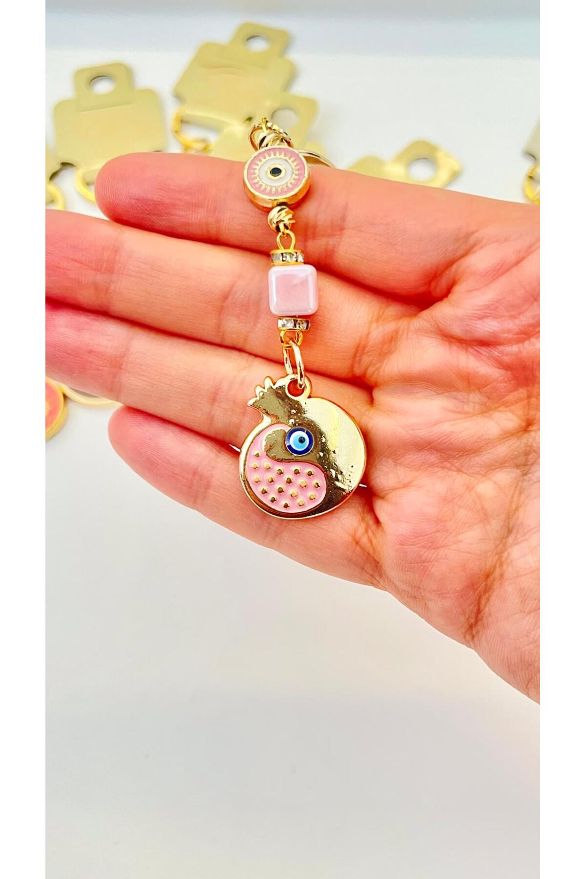 Hannah Gold-Plated Bodrum Bead Keychain - Pink Pomegranate
