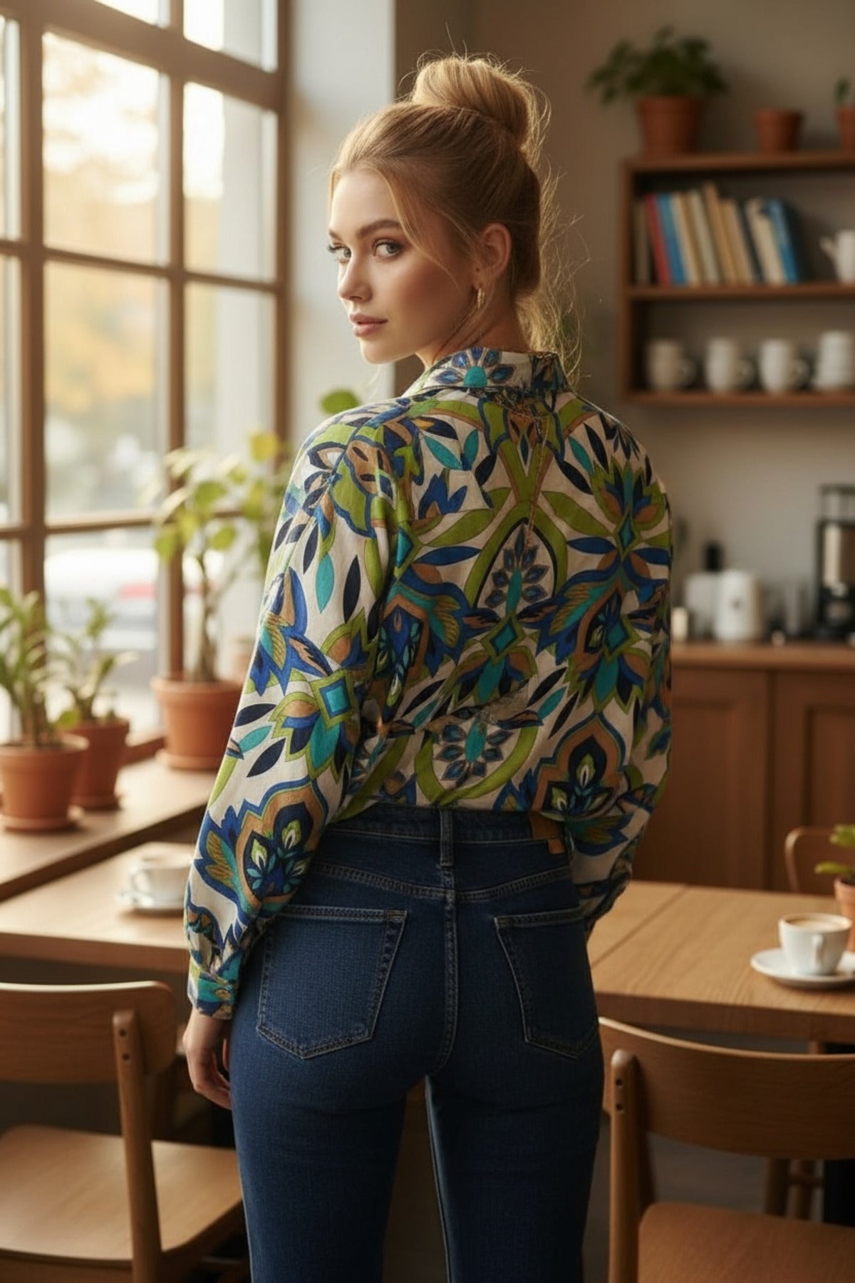 Emilia Women's Linen-Viscose Blend Oversized Printed Shirt - Blue and Cream Green
